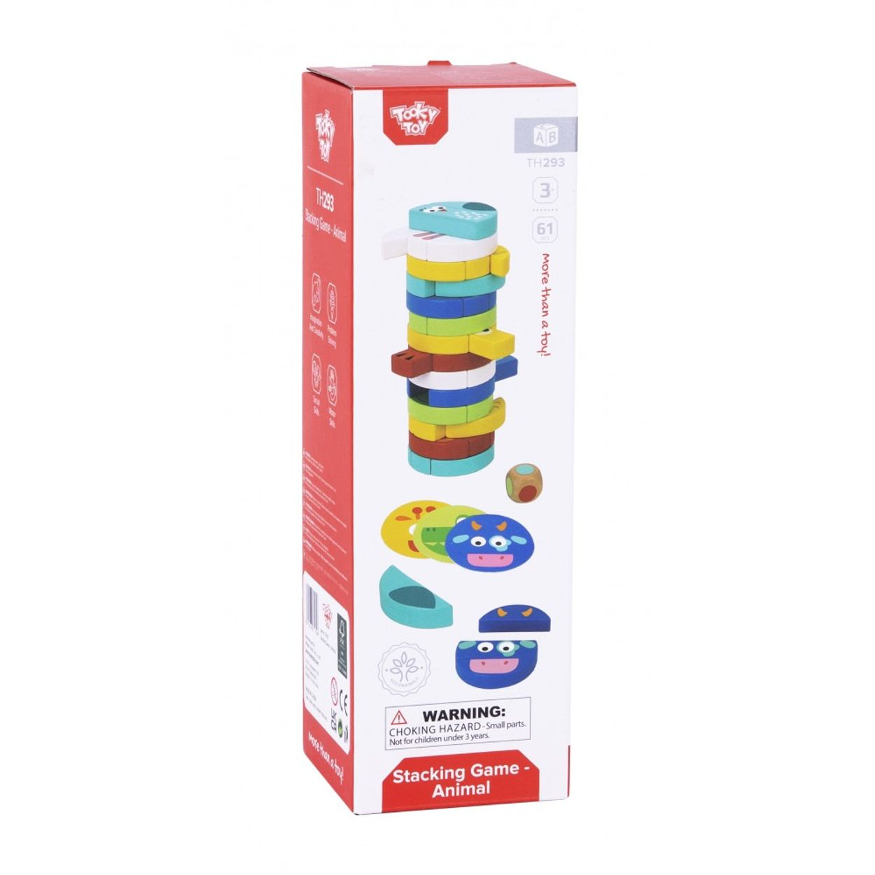 Eine Tooky Toy Tier-Stapelspielschachtel mit bunten Holz-Tierblöcken und einem Würfel vor weißem Hintergrund.