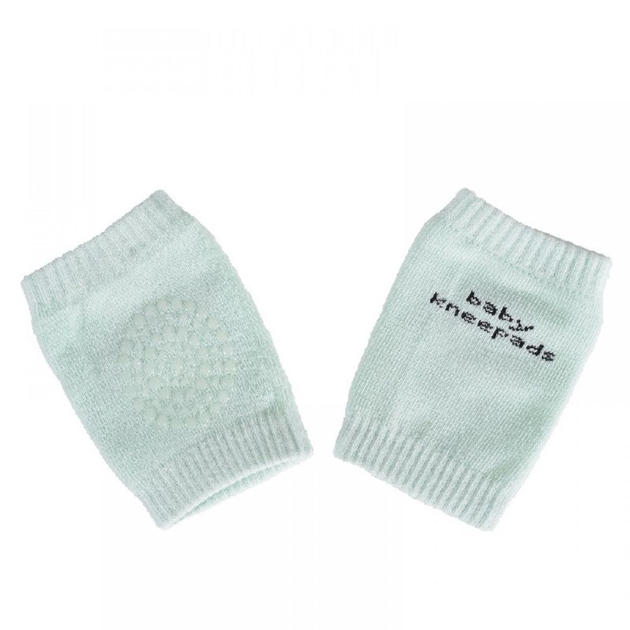 Zwei hellblaue Babynieschoner mit runden Noppen vorne und der Aufschrift baby kneepads hinten.