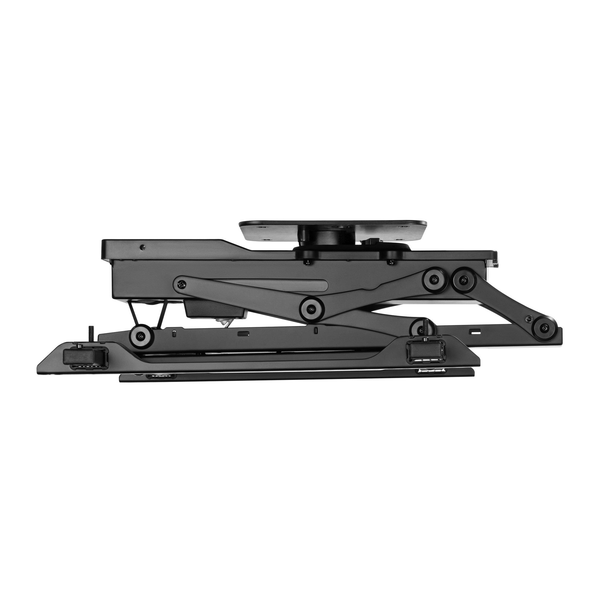 Schwarze, mechanische TV-Halterung in zusammengeklappter Position auf weißem Hintergrund.