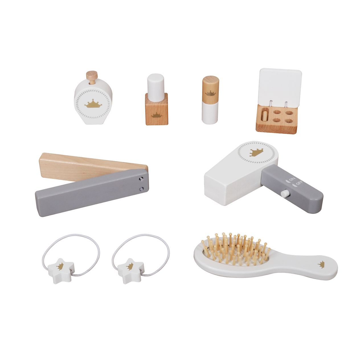 Ein Set aus hölzernem Make-up-Spielzeug, einschließlich Bürste, Föhn, Spiegel und Fläschchen auf weißem Hintergrund.