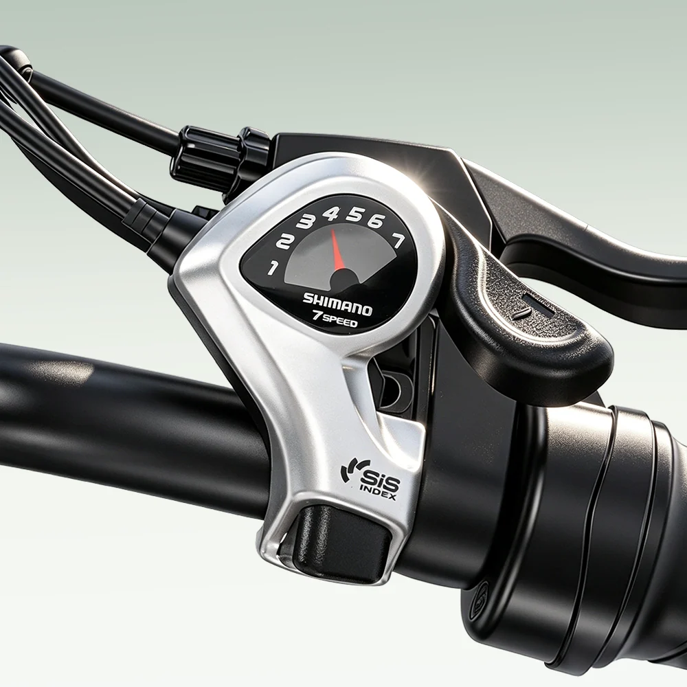Ein schwarz-silberner Shimano 7-Gang-Fahrradschalthebel an einem schwarzen Lenker vor hellem Hintergrund.