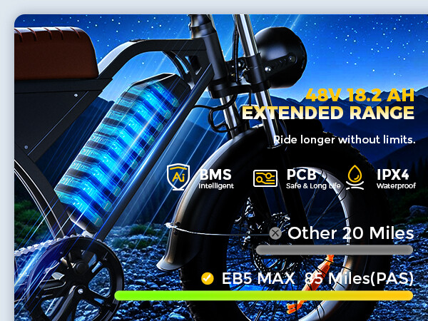 Ein schwarzes E-Bike mit einer leuchtend blauen Batterie und Text über erweiterte Reichweite.