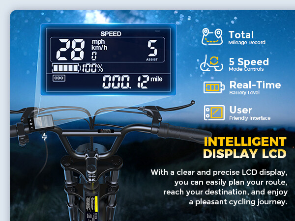LCD-Display am E-Bike-Lenker zeigt Geschwindigkeit, Akkustand und Kilometerstand.