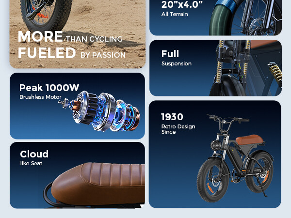 E-Bike mit Retro-Design, starkem Motor, Federung und breiten Reifen für All-Terrain.