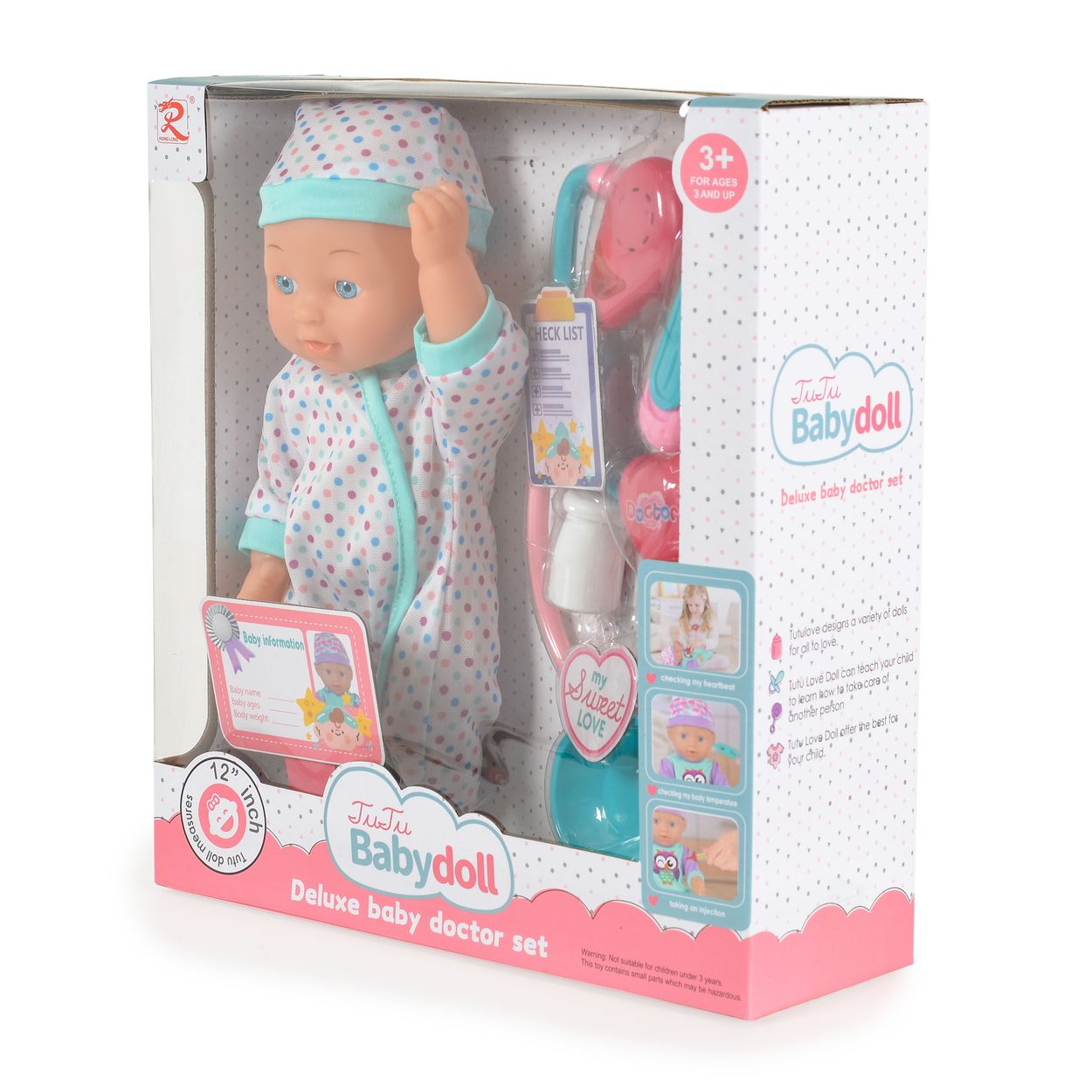 Eine Babypuppe mit gepunkteter Kleidung und Mütze, zusammen mit Arztzubehör in einer bunten Schachtel.