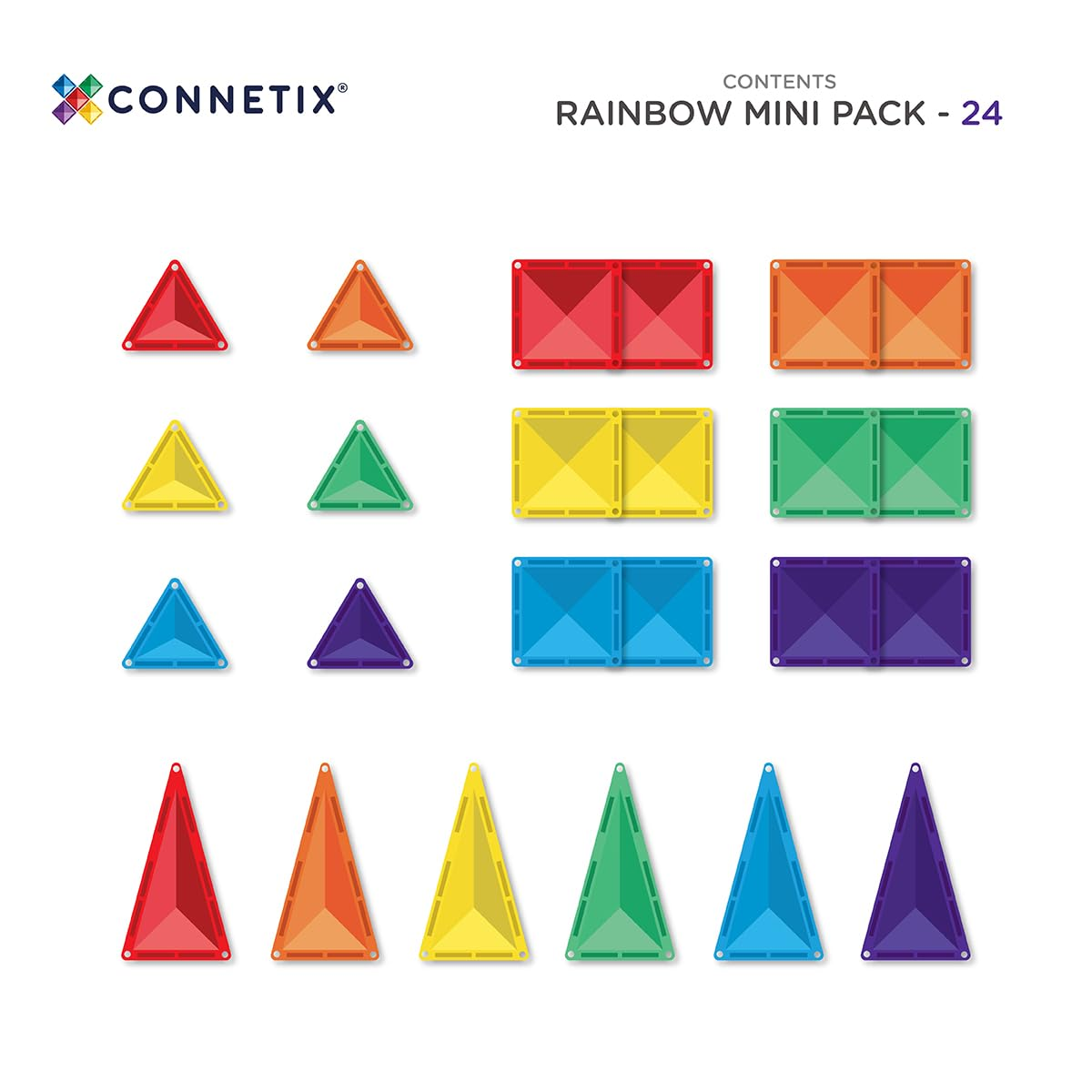 Connetix Rainbow Mini Pack mit 24 bunten magnetischen Bausteinen in verschiedenen Formen und Farben.