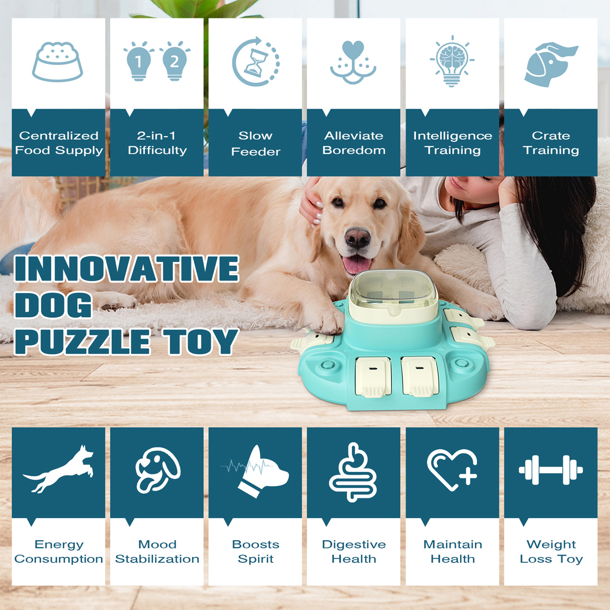 Ein Golden Retriever liegt neben einem türkisfarbenen Hundepuzzle-Spielzeug, oben mit Produktvorteilen.