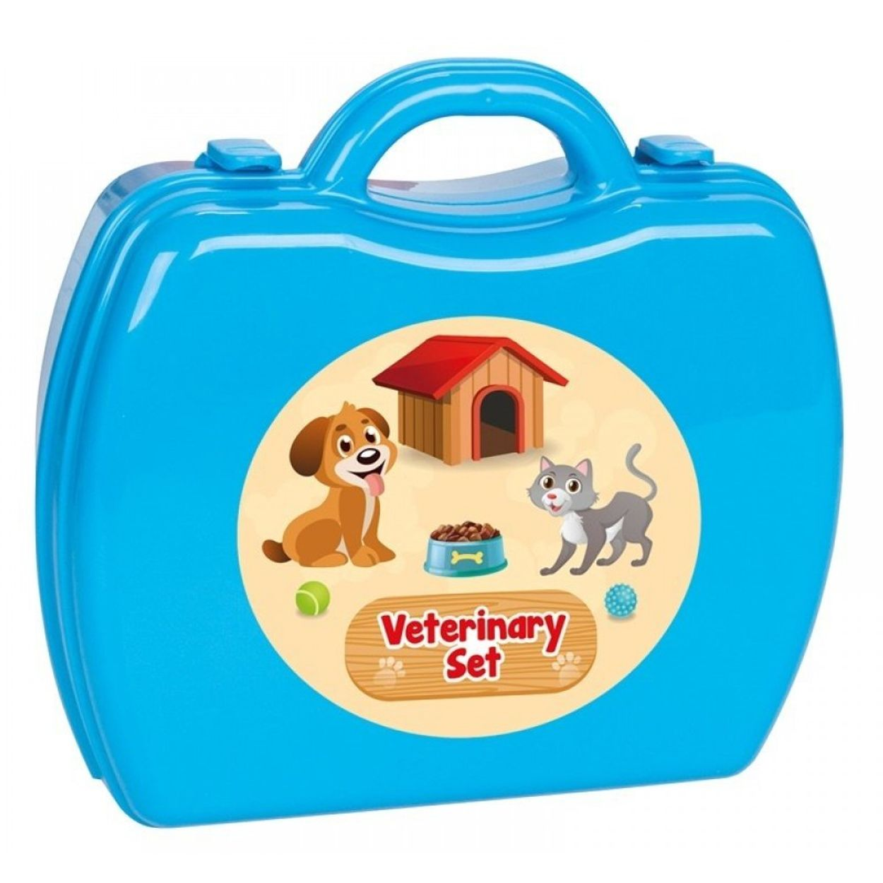 Ein blauer Spielzeugkoffer mit einem Aufkleber, der einen Hund, eine Katze, eine Hundehütte und den Text Tierarztset zeigt.