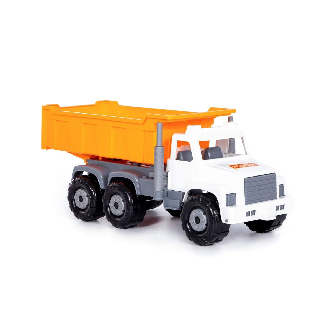 Ein Kipper-Spielzeug mit weißem Fahrerhaus, grauem Fahrgestell und großer orangefarbener Ladefläche.