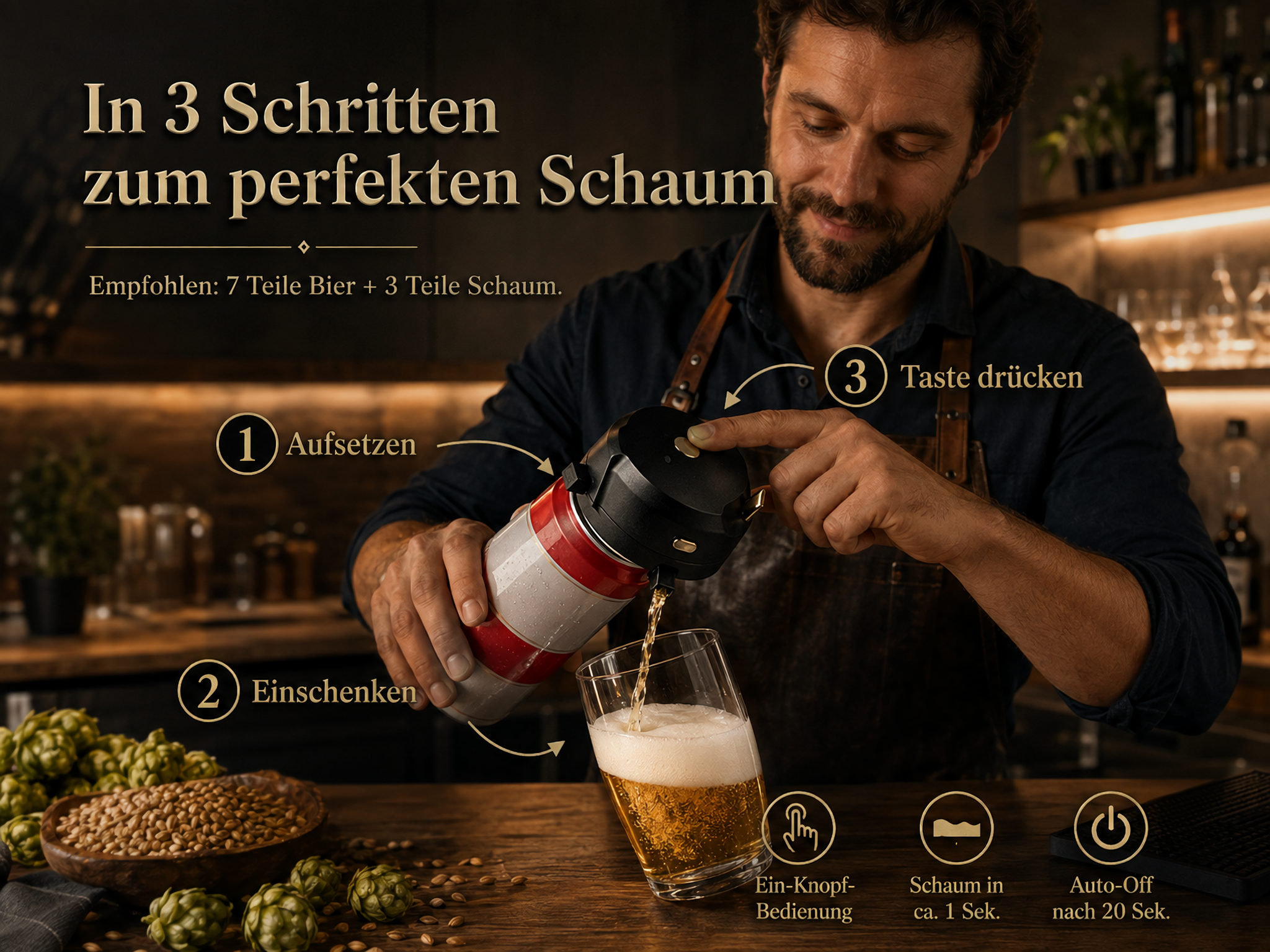 Ein Barmann zeigt mit einer Anleitung in drei Schritten, wie man Bier und Schaum aus einer Kanne einschenkt.