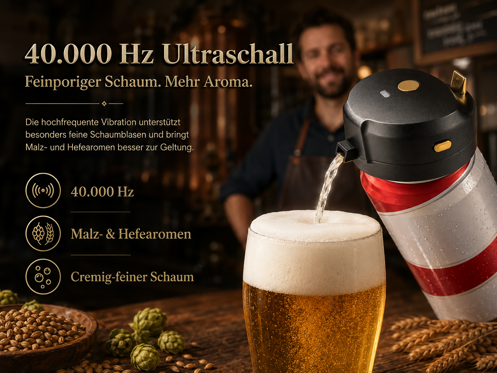 Ein Gerät gießt Bier in ein Glas mit Schaum, mit deutschem Text und Zutaten im verschwommenen Hintergrund.