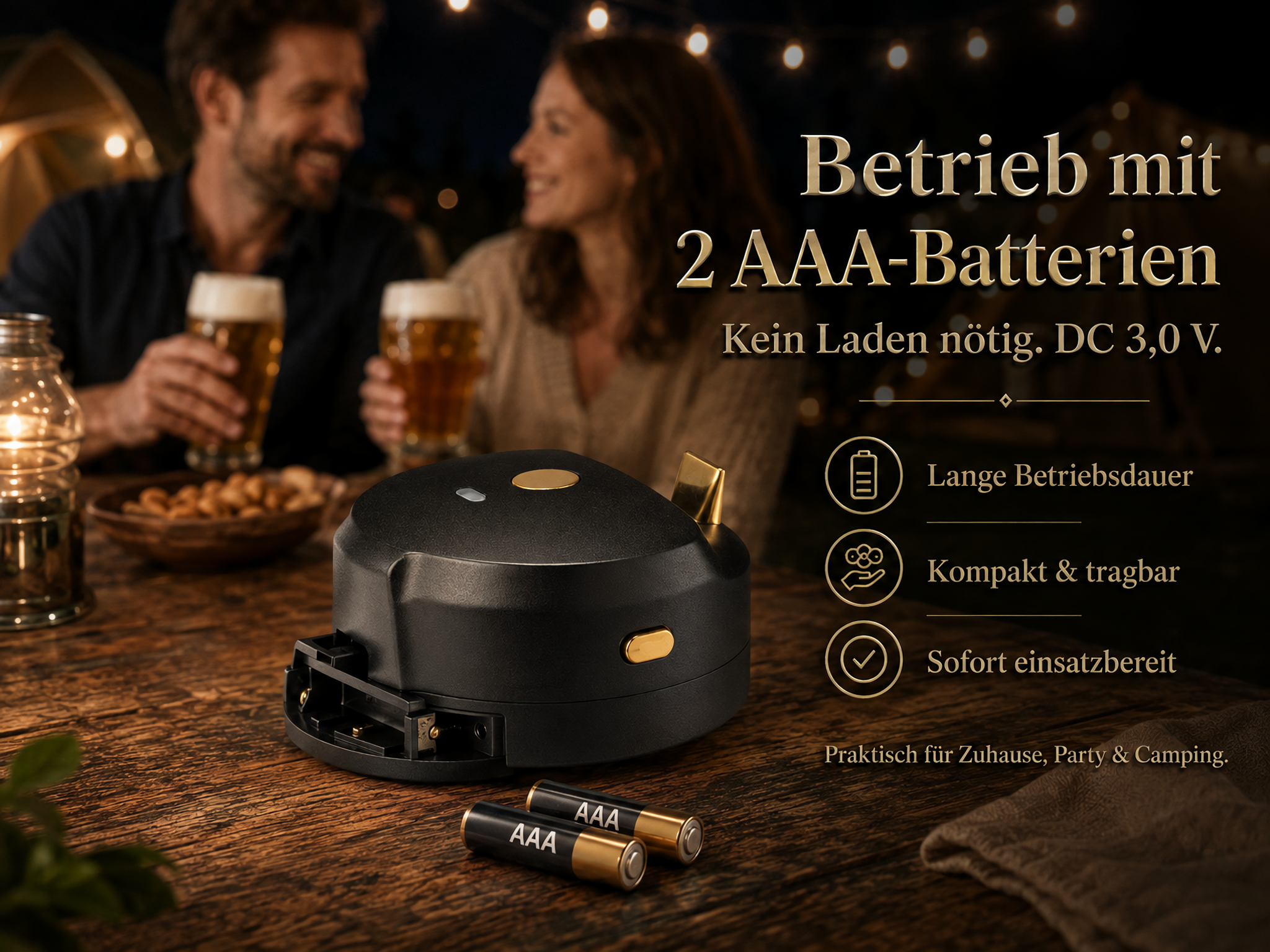 Ein schwarzes Gerät auf Holz mit zwei AAA-Batterien, im Hintergrund ein Paar mit Bier.