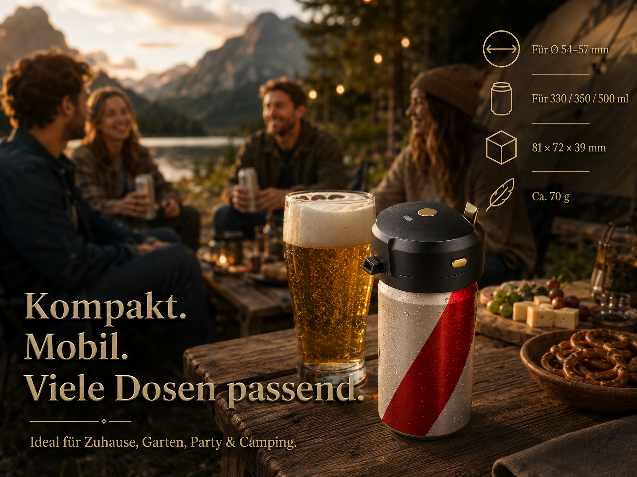 Getränkedose mit speziellem Aufsatz und Bierglas auf Holztisch, im Hintergrund vier Personen beim Camping am See.