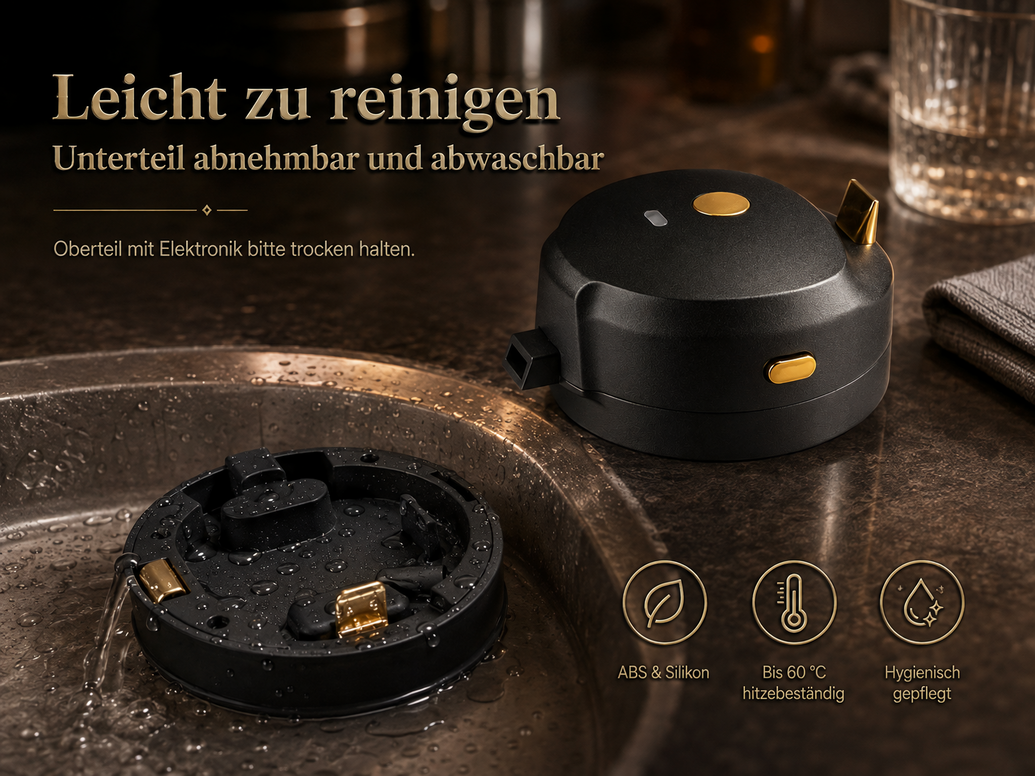 Schwarzes Küchengerät auf Arbeitsplatte, abnehmbares Unterteil im Spülbecken. Deutscher Text.