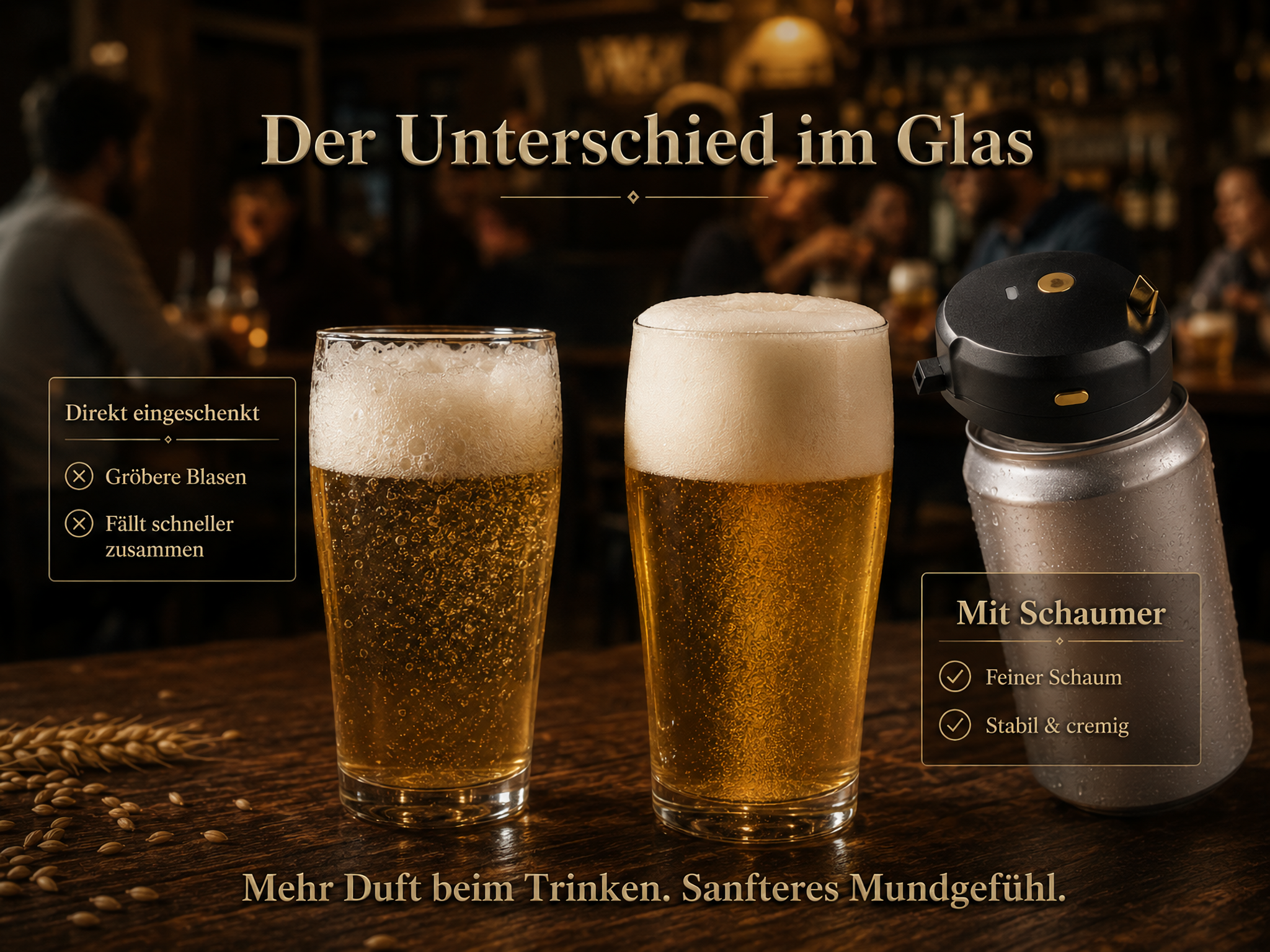 Vergleich zweier Biergläser auf Holz, eines mit Standardschaum und eines mit feinem, cremigem Schaum aus einem Gerät.