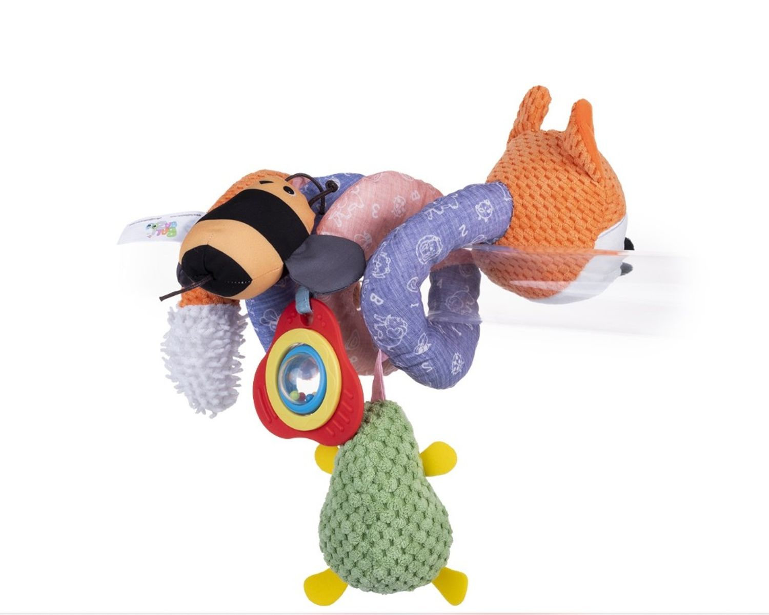Ein Stofftier-Spiralspielzeug mit Fuchs, Biene und hängenden Rassel- und Beißringen.