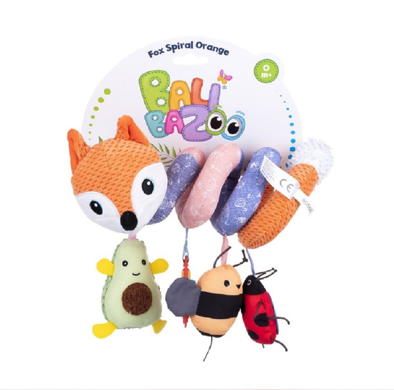 Balibazoo Fuchs Spiral Babyspielzeug mit Plüsch-Avocado, Biene und Marienkäfer am gewundenen Körper.