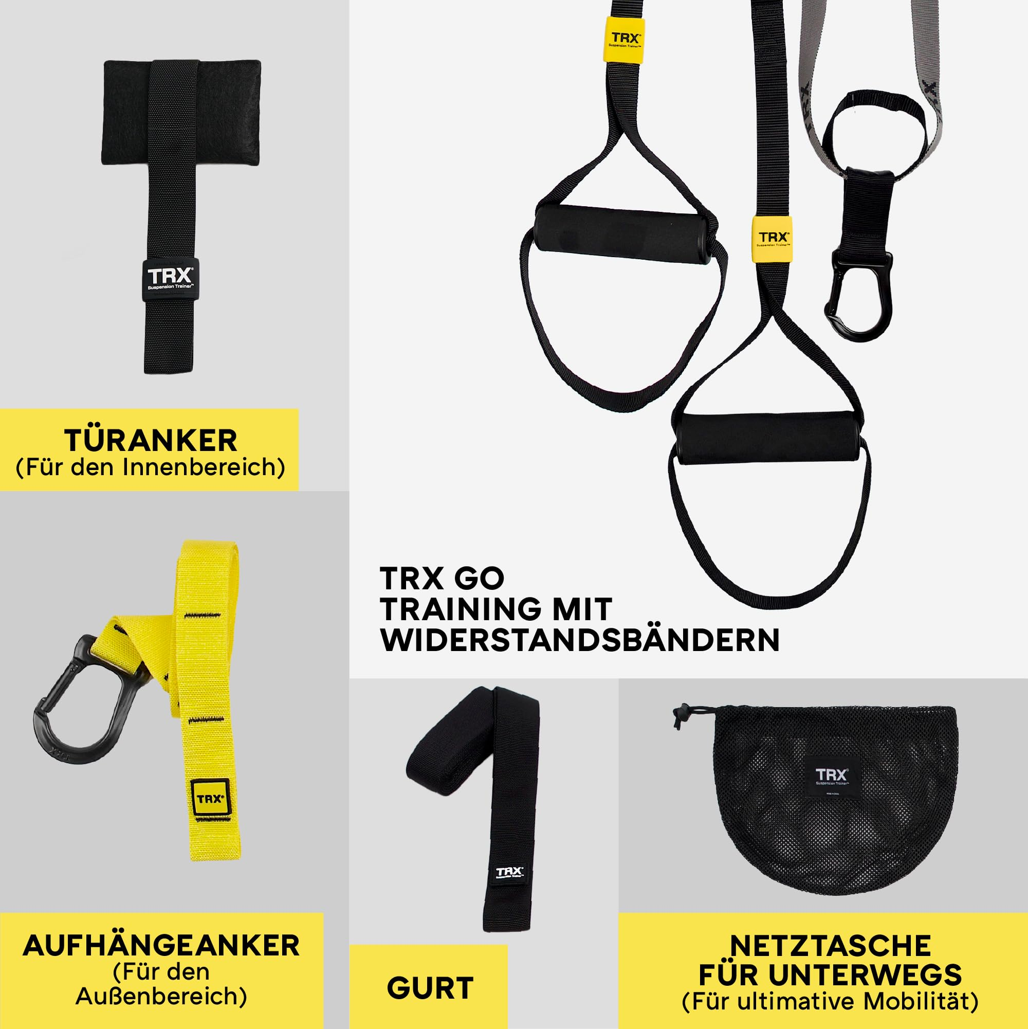 Allenatore di sospensione TRX con accessori come ancoraggio per porta, ancoraggio esterno, cinghia e borsa a rete.