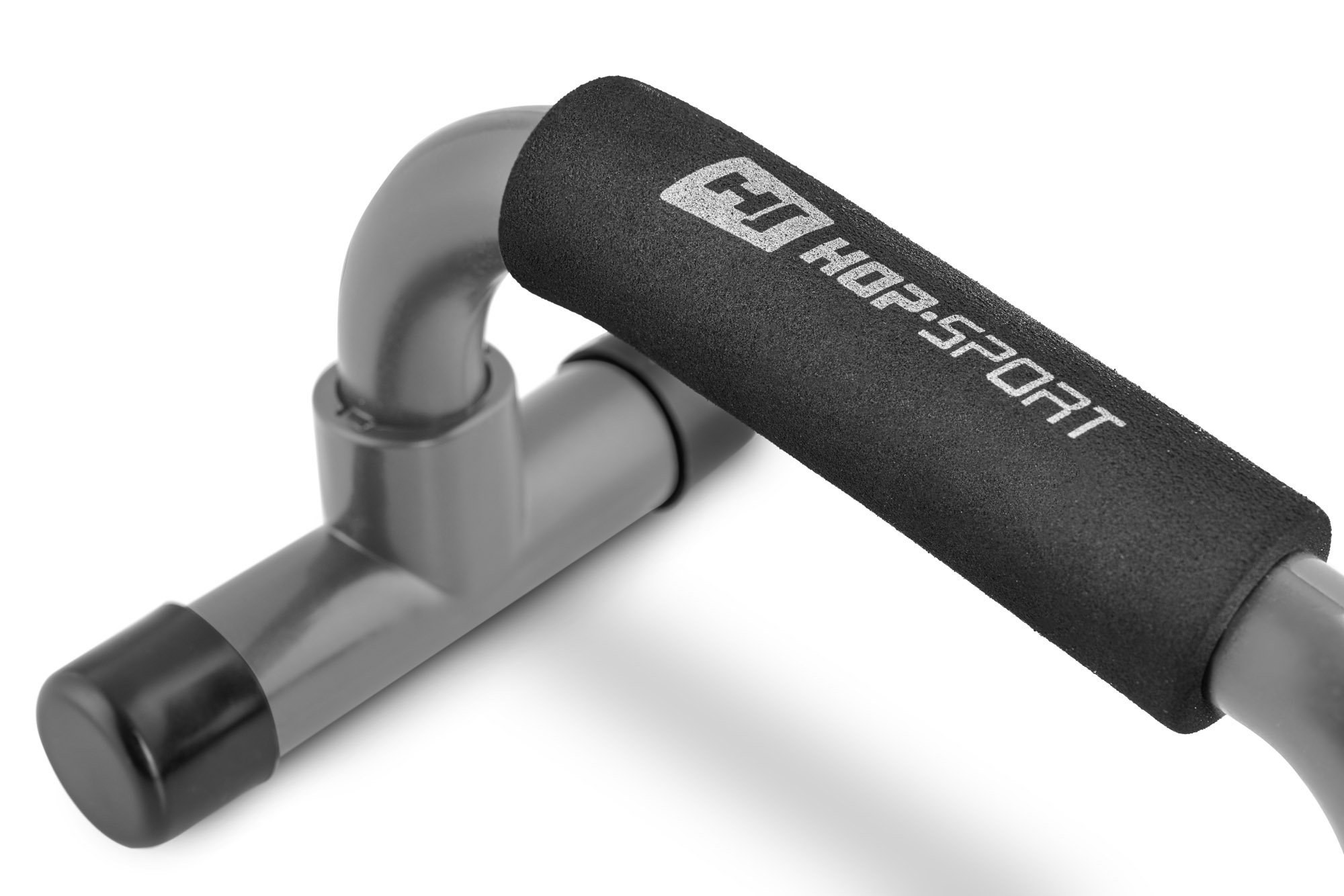 Grauer Liegestützgriff mit schwarzem Schaumstoffgriff und Hop-Sport Logo auf weißem Hintergrund.