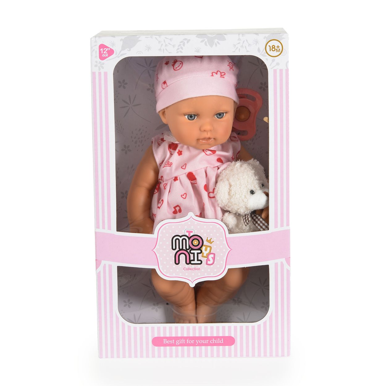 Eine Babypuppe mit rosa Hut, Kleid und kleinem Kuscheltier in einer rosa-weißen Geschenkverpackung.