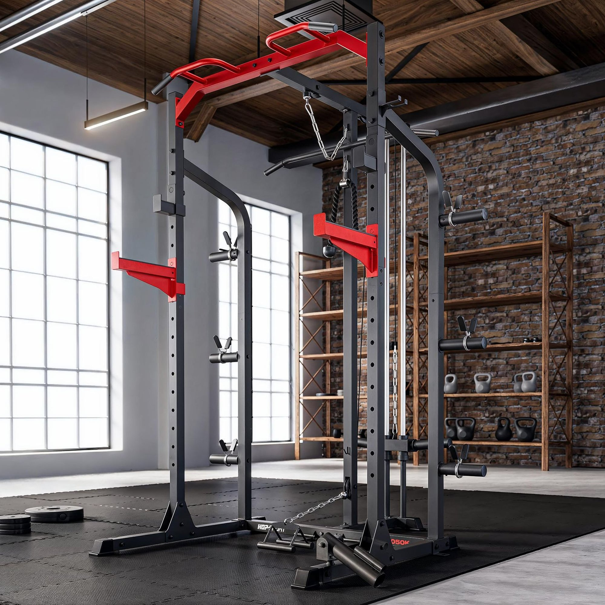 Ein schwarzes und rotes Krafttraining-Gestell steht auf einer Gummimatte in einem Loft-Fitnessstudio mit Ziegelwand.