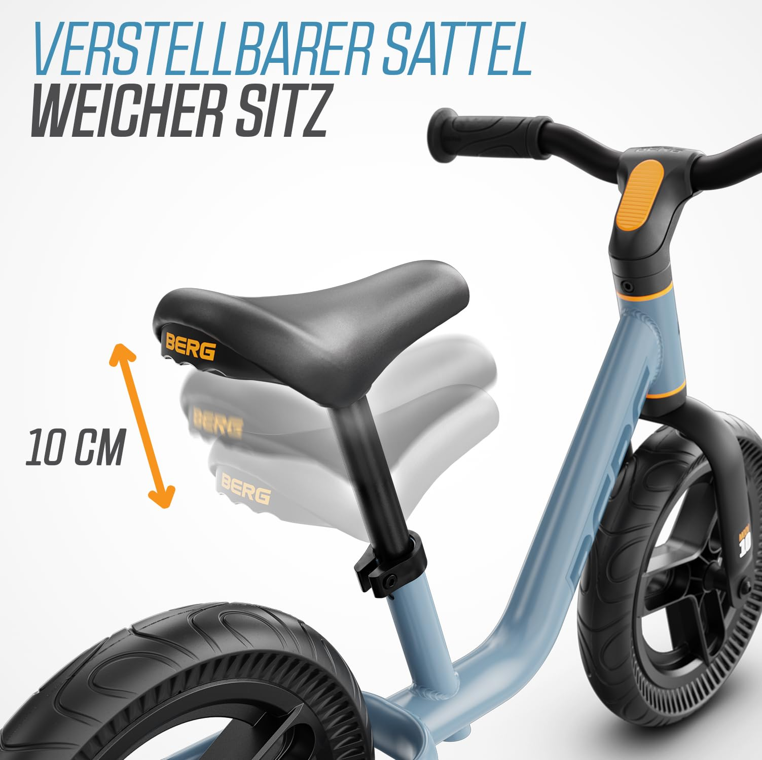 Una bici senza pedali blu con sellino nero regolabile di 10 cm e testo in tedesco.