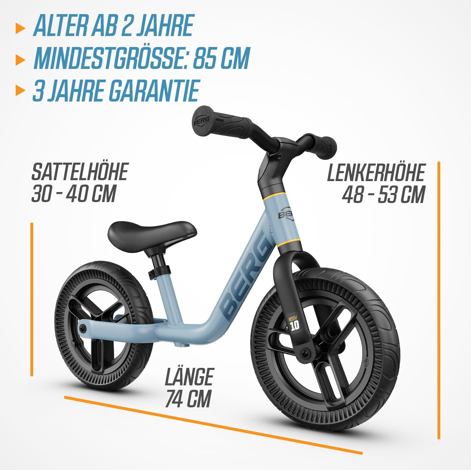Una bici senza pedali per bambini azzurra e nera con specifiche di età e dimensioni in tedesco.