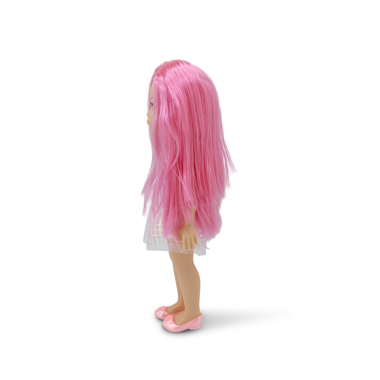 Seitenansicht einer Puppe mit langem rosa Haar, einem weiß glitzernden Kleid und rosa Schuhen auf weißem Grund.