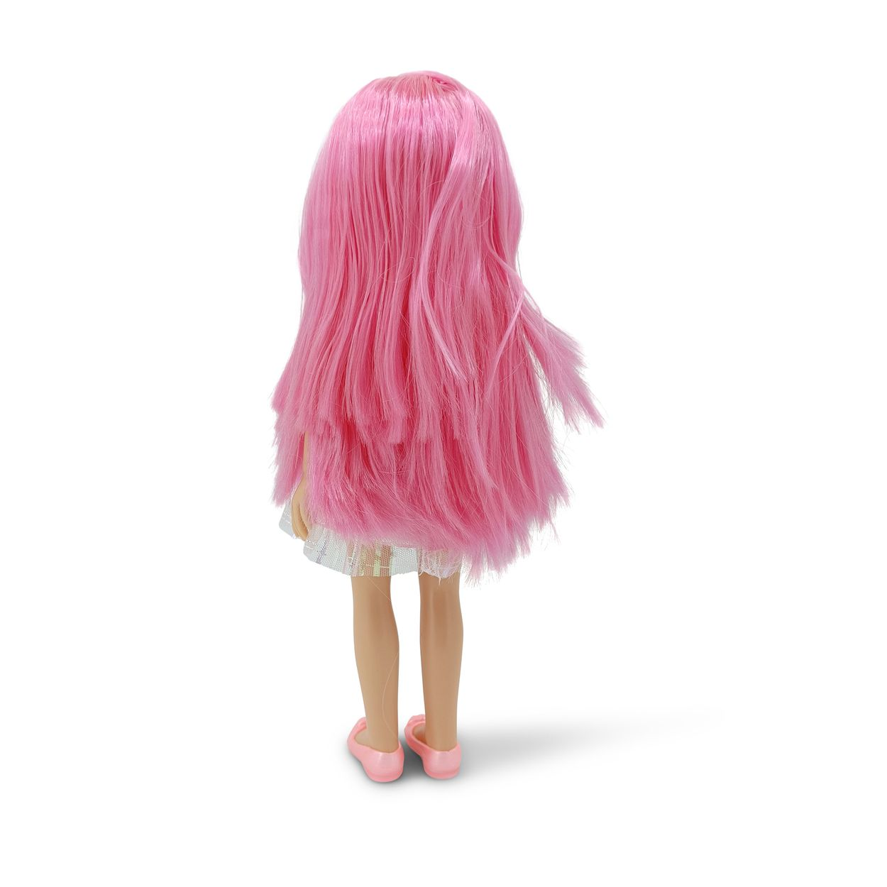 Rückansicht einer Puppe mit langem rosa Haar, weißem Rock und rosa Schuhen auf weißem Grund.