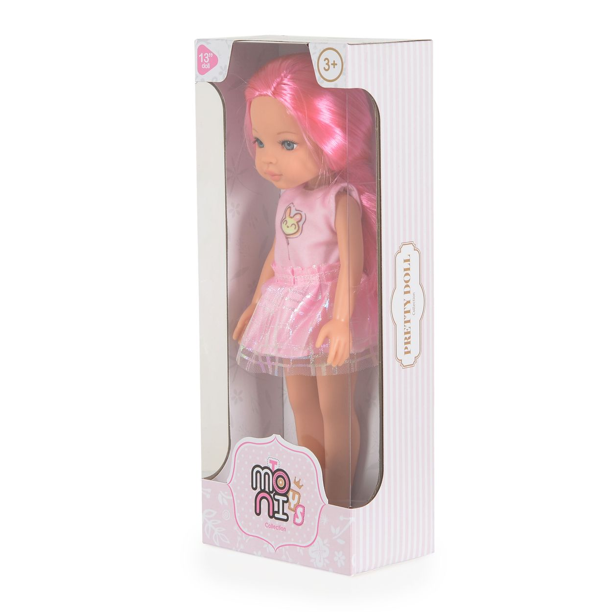 Eine Puppe mit pinken Haaren im pinken Kleid, stehend in einer pink-weißen Schachtel.