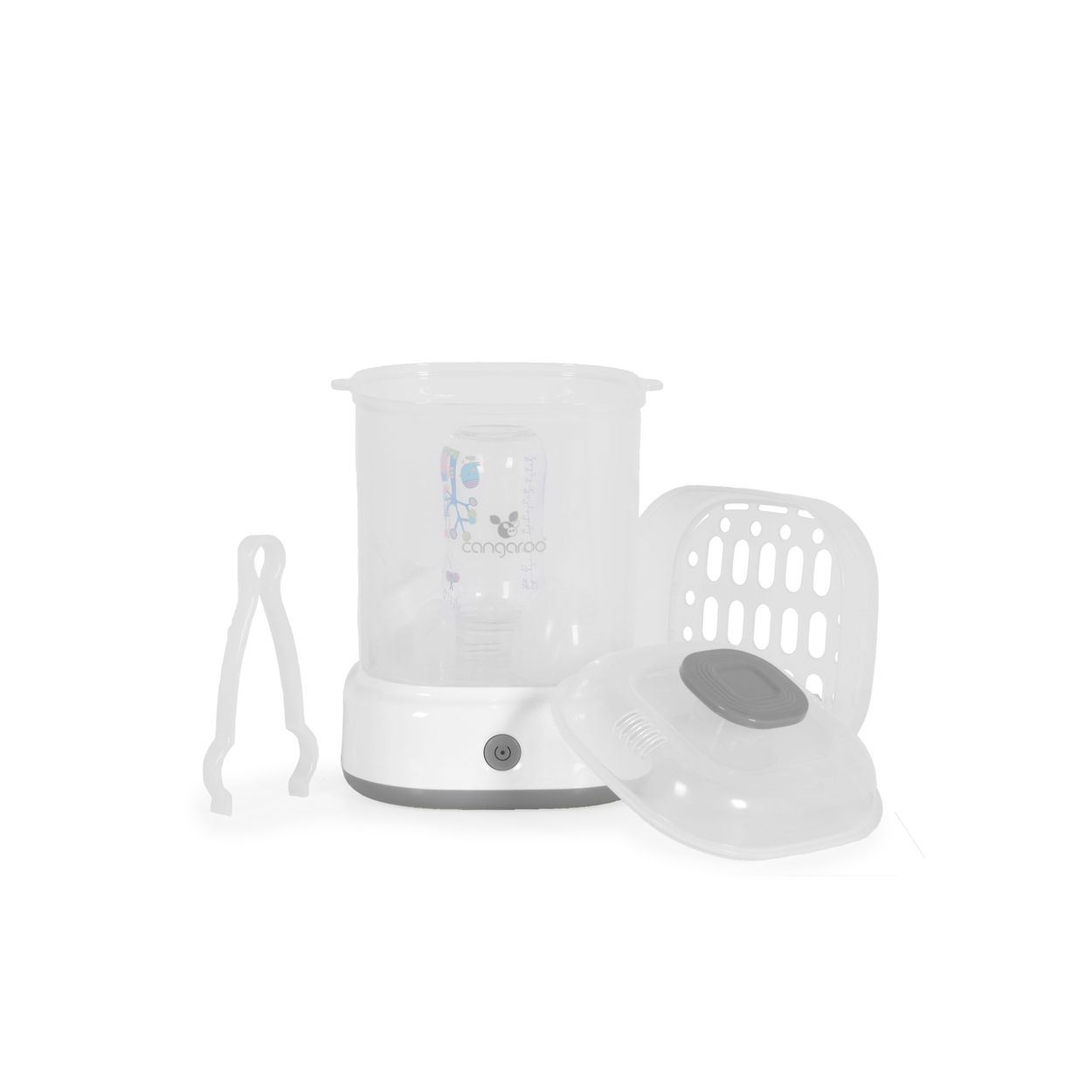 Ein weißer elektrischer Dampfsterilisator mit transparentem Behälter, Zubehörkorb, Deckel und Greifzange.