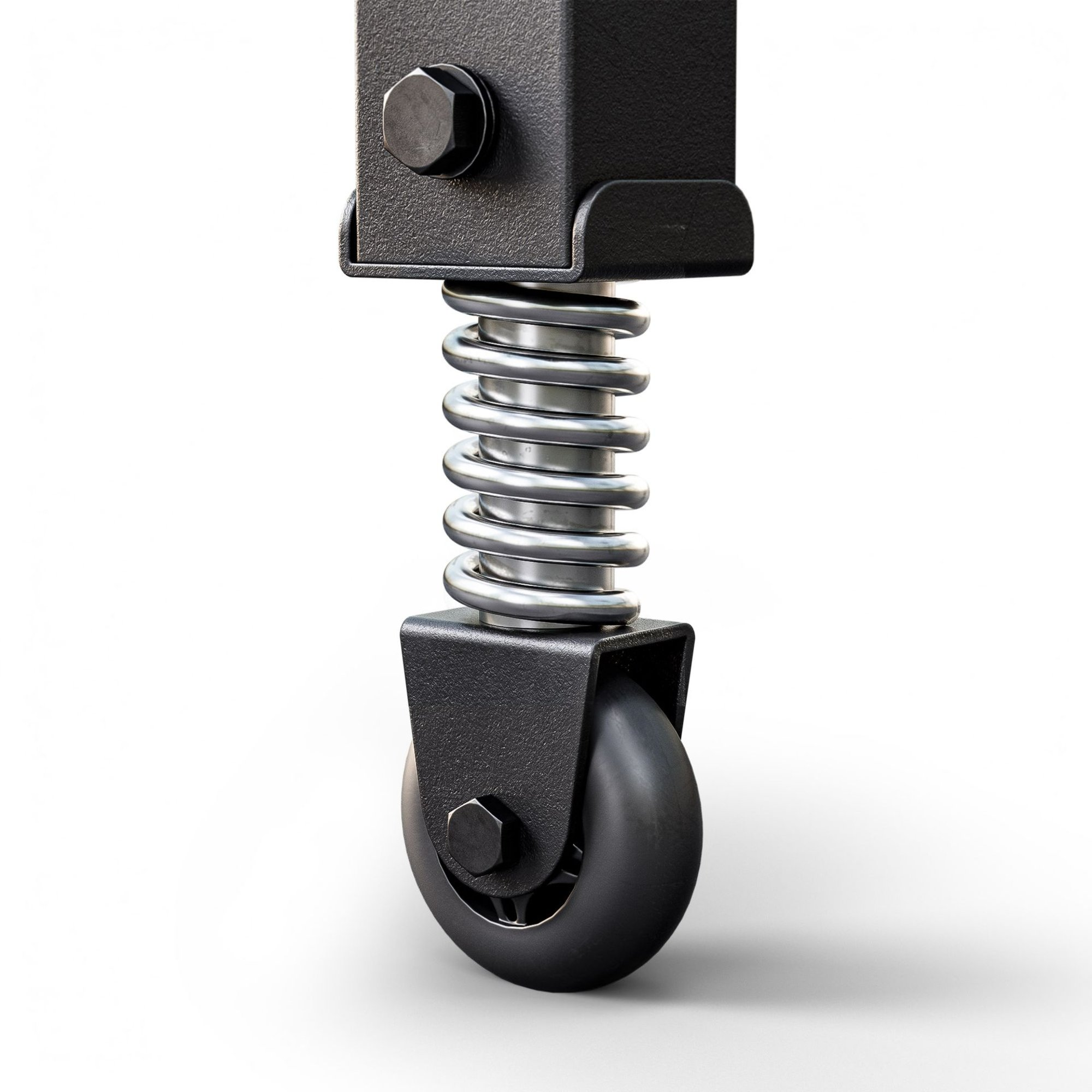 Ein schwarzes Metallbein mit einer silbernen Spiralfeder und einer kleinen schwarzen Rolle auf weißem Hintergrund.
