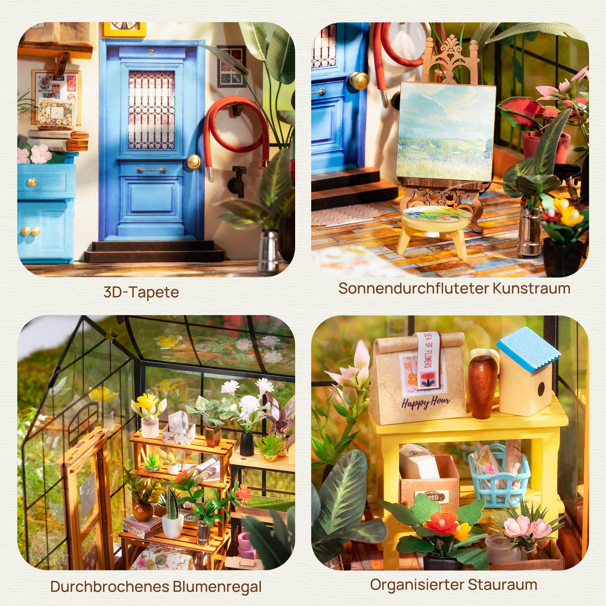 Vier Bilder eines detaillierten Miniatur-Pflanzenhauses mit blauer Tür, Staffelei, Regalen und Topfpflanzen.