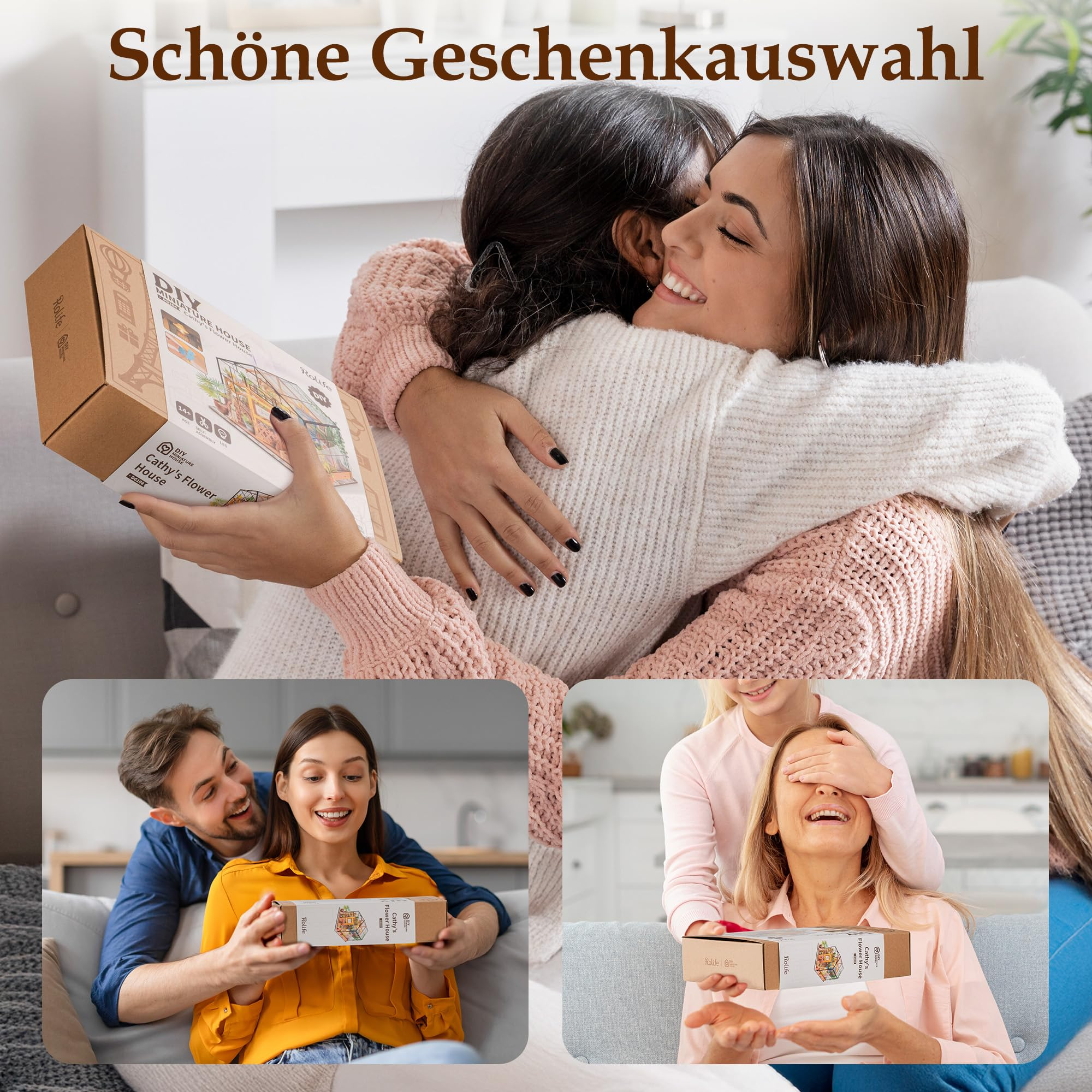 Frauen und Paare zeigen glückliche Momente beim Geschenkeauspacken, oben mit Text Schöne Geschenkauswahl.