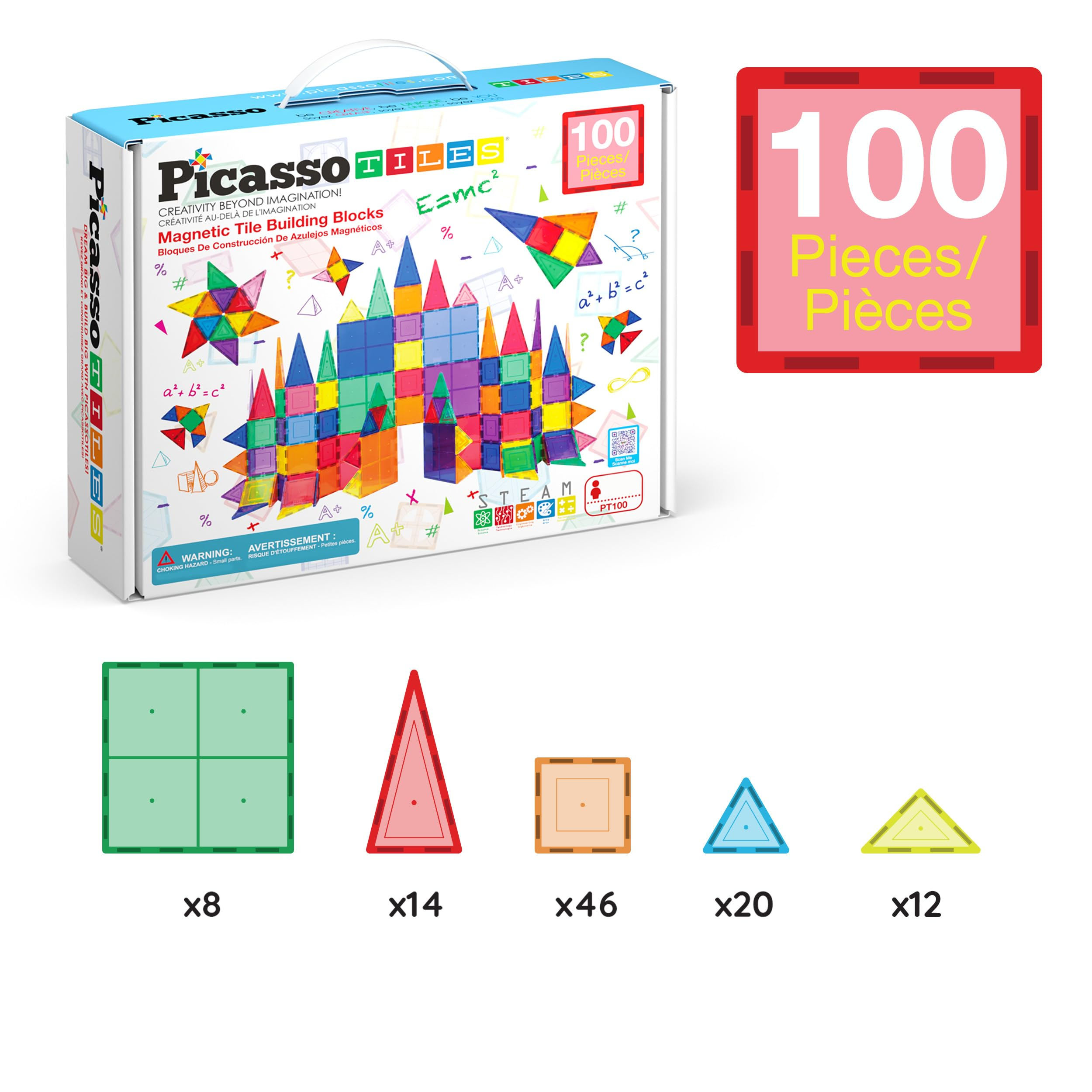 PicassoTiles 100-teiliges Magnetbaukasten-Set mit bunten geometrischen Formen auf Karton und Teilstücken.
