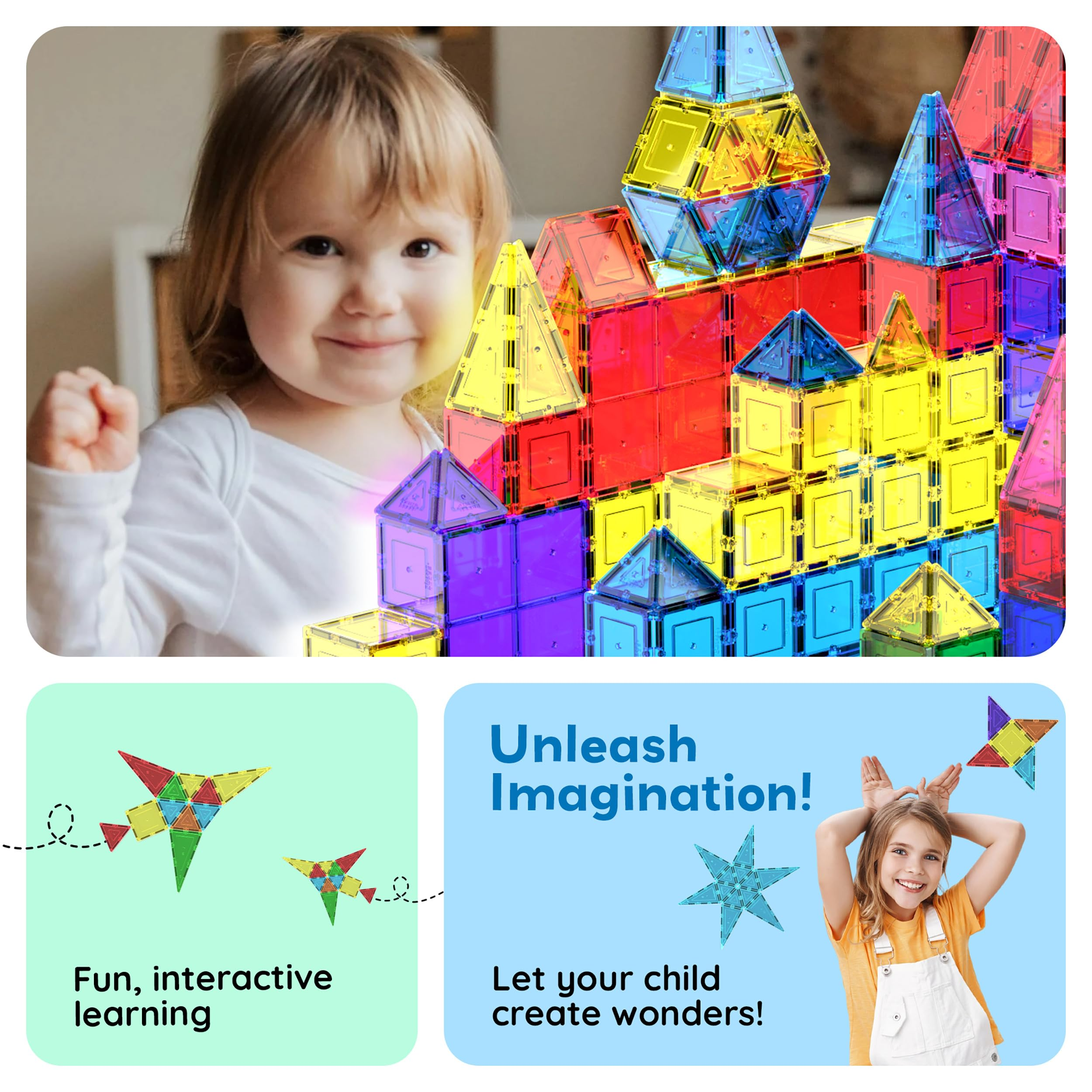 Kleinkind lächelt neben einer bunten Magnet-Spielzeugburg. Unten Bilder von spielenden Kindern und Textgrafiken.