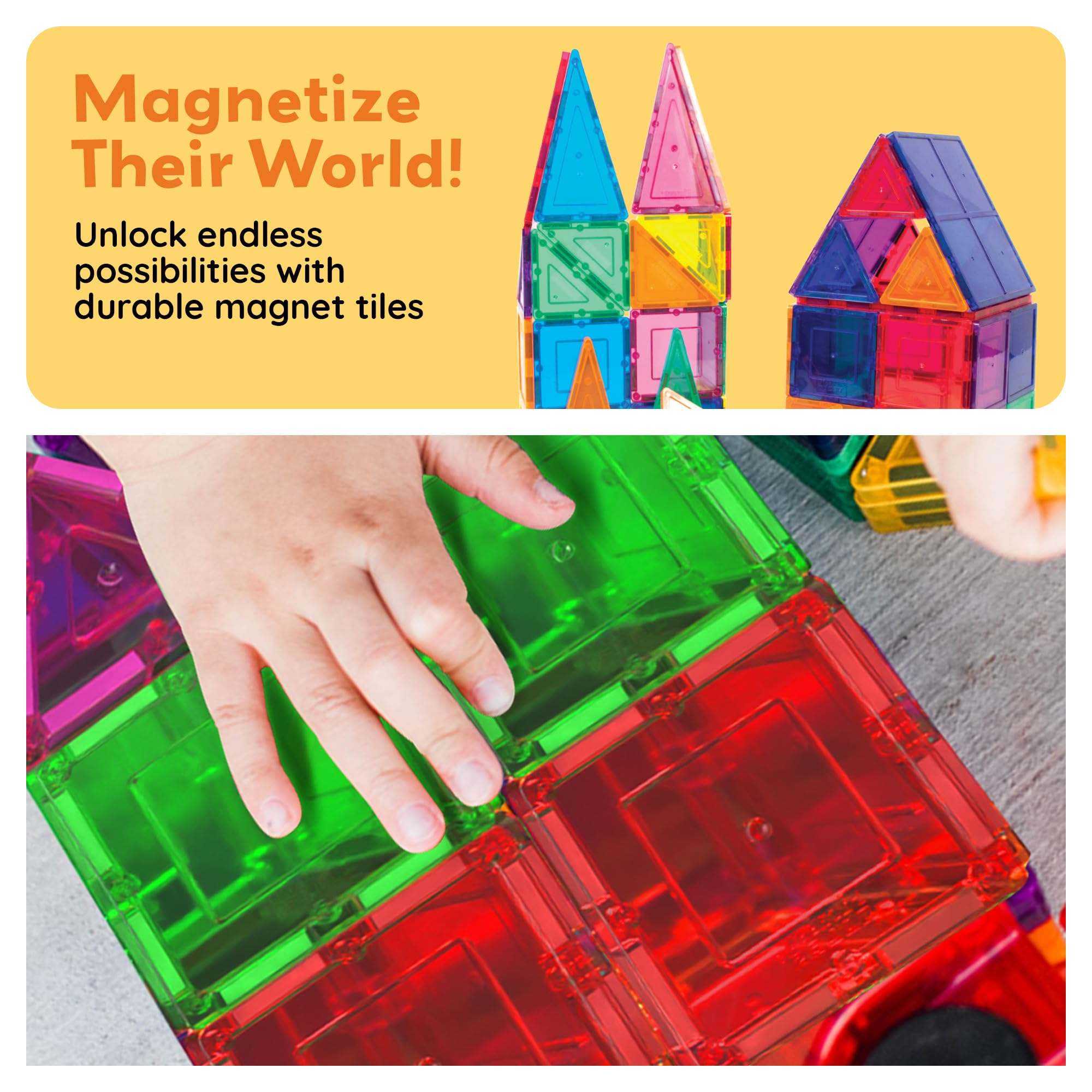Ein Kind baut mit bunten, transparenten Magnetkacheln auf einer grauen Oberfläche.