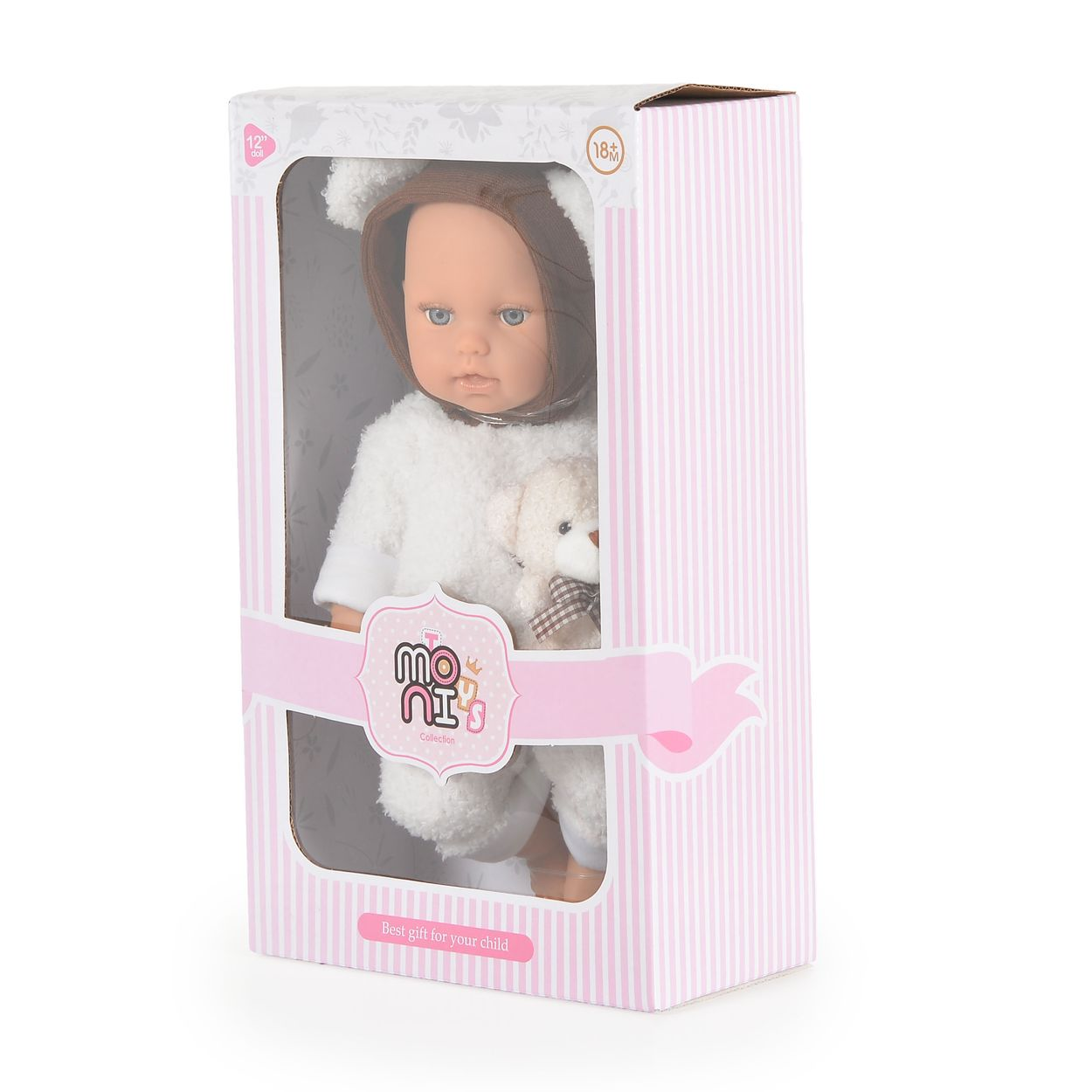 Eine Babypuppe mit brauner Haube und weißem Strampler in einer rosa-weiß gestreiften Geschenkbox mit Plüschtier.