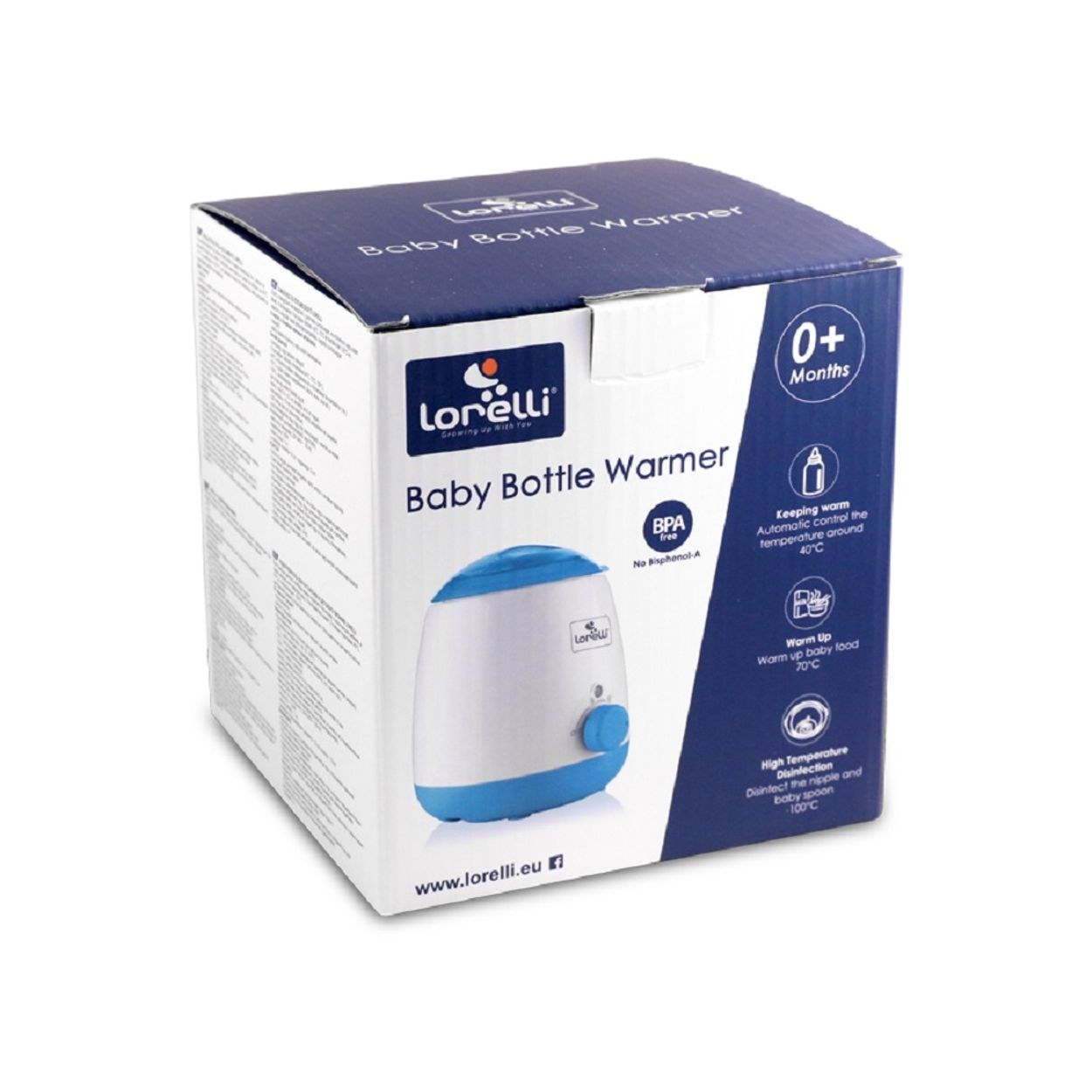 Blaue und weiße Lorelli Babyflaschenwärmer-Verpackung mit Produktbild und technischen Details.