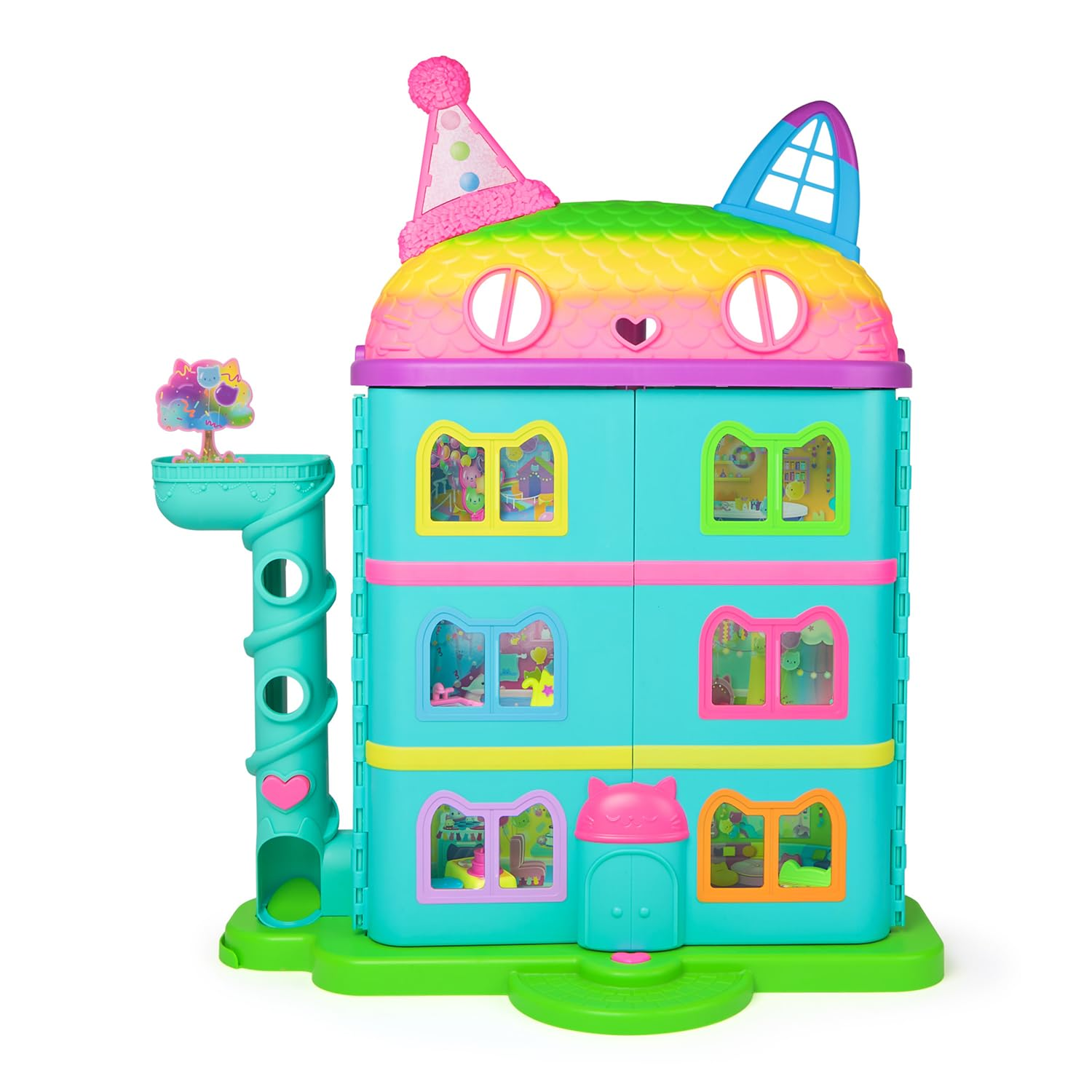 Une maison de poupée colorée sur le thème des chats avec trois étages et des fenêtres.