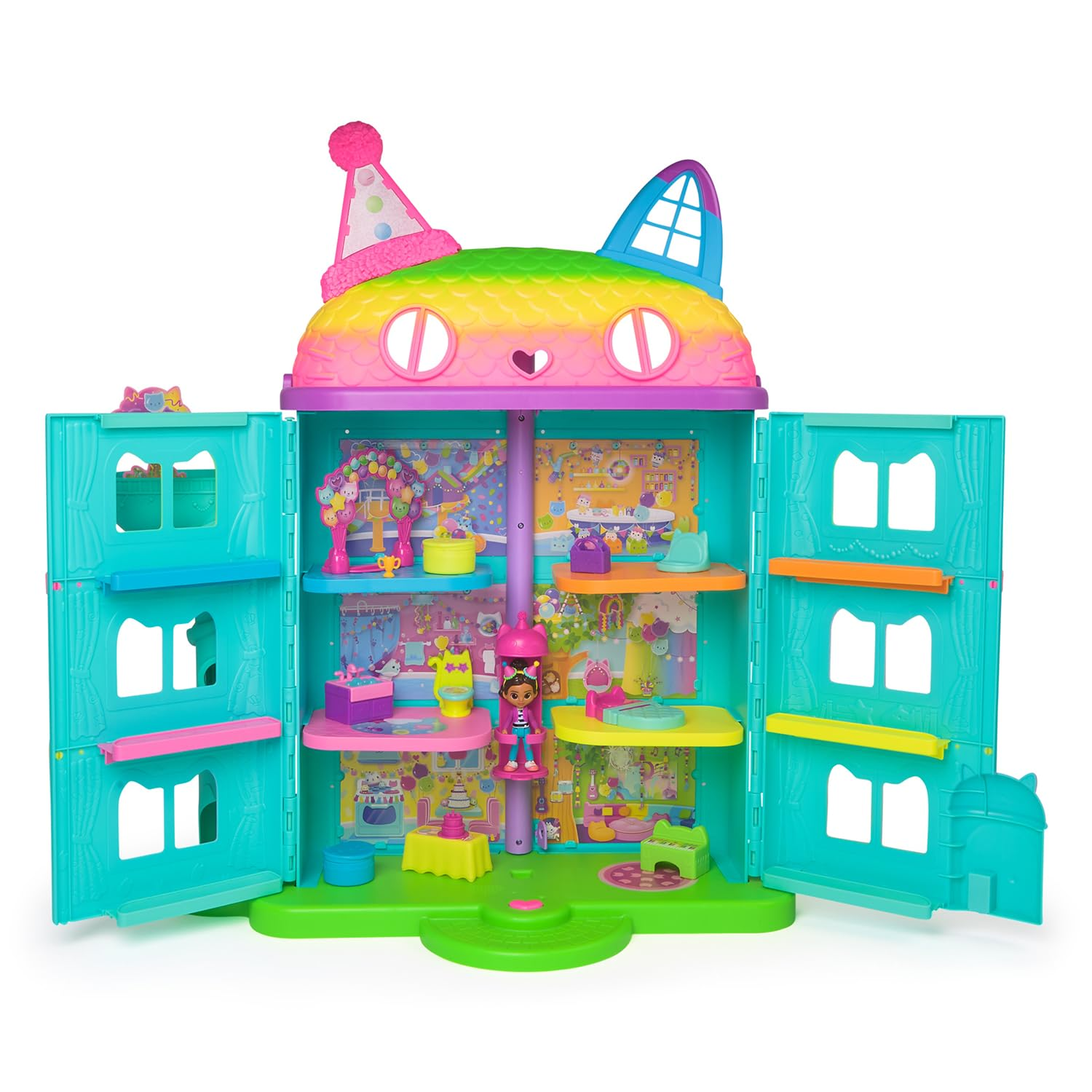 Maison de poupée colorée en forme de chat avec portes ouvertes, pièces, meubles et une petite poupée.