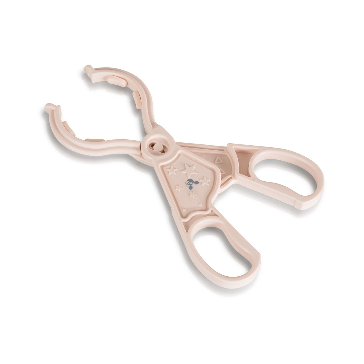 Ein blassrosa Plastik-Flaschengreifer mit Scherenhandles, Sternenmuster und kleinem Tiermotiv auf weißem Grund.