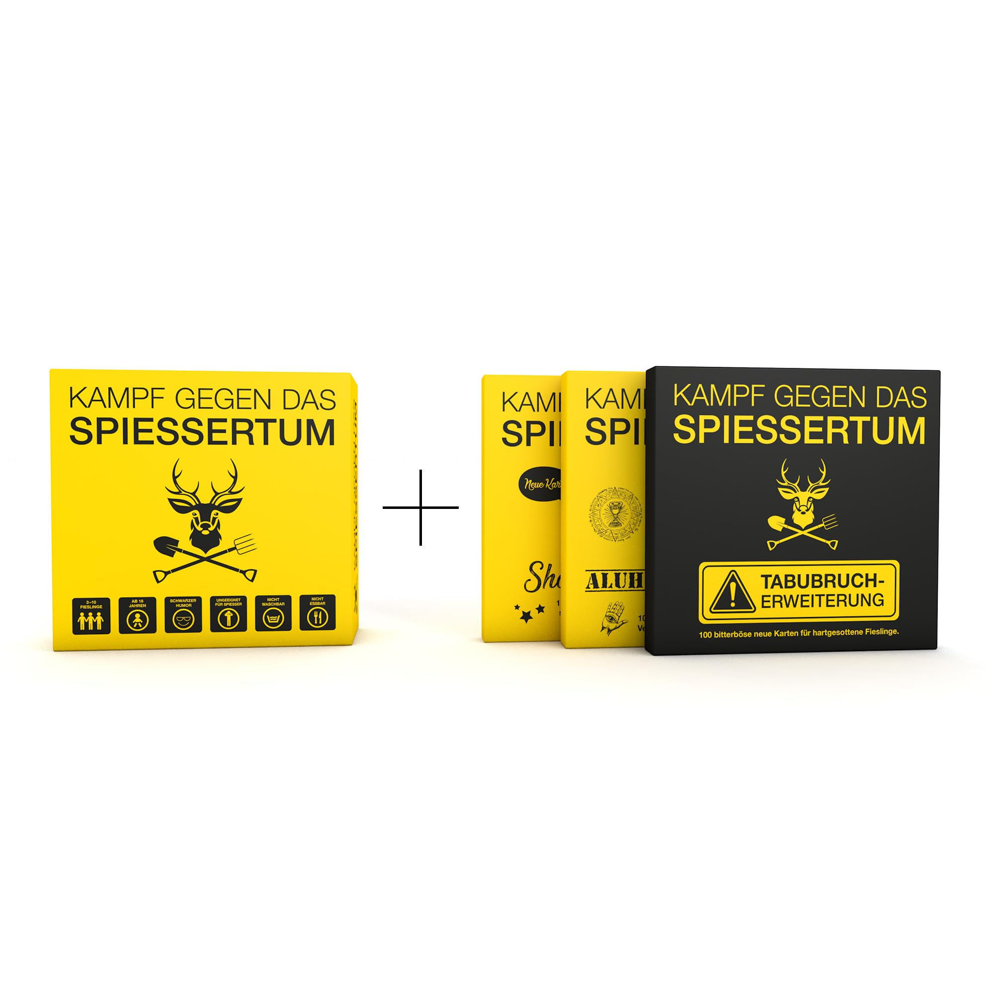 Boîtes de jeux de société jaunes et noires avec un logo de cerf sur fond blanc.