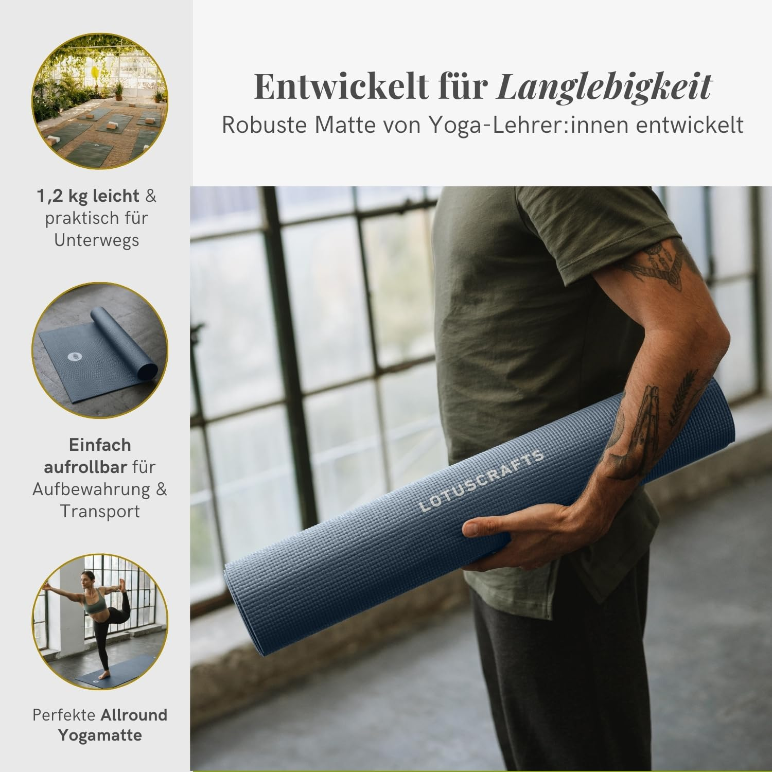 Una persona tiene in mano un tappetino da yoga blu arrotolato con testo in tedesco.