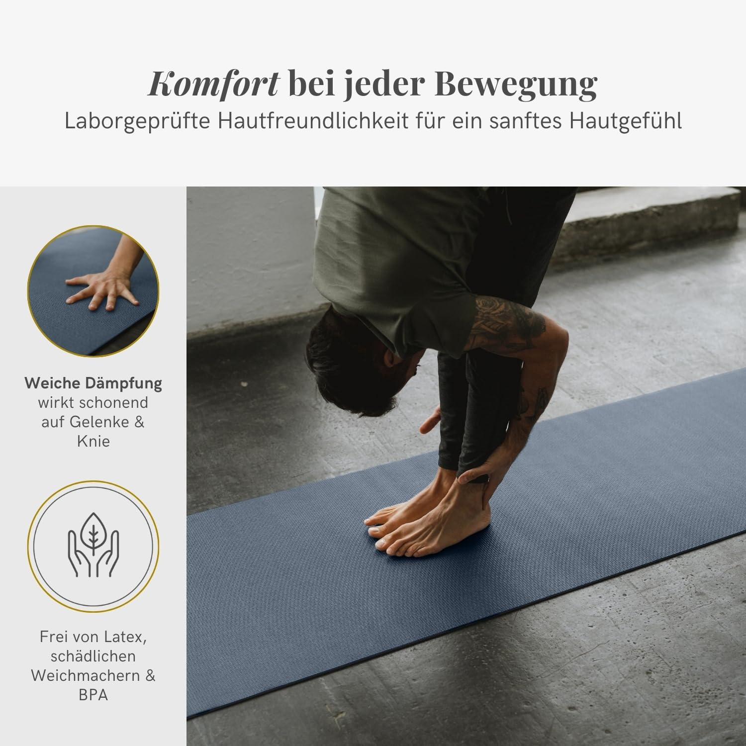 Un uomo si stende su un tappetino da yoga blu, con testo in tedesco e icone.
