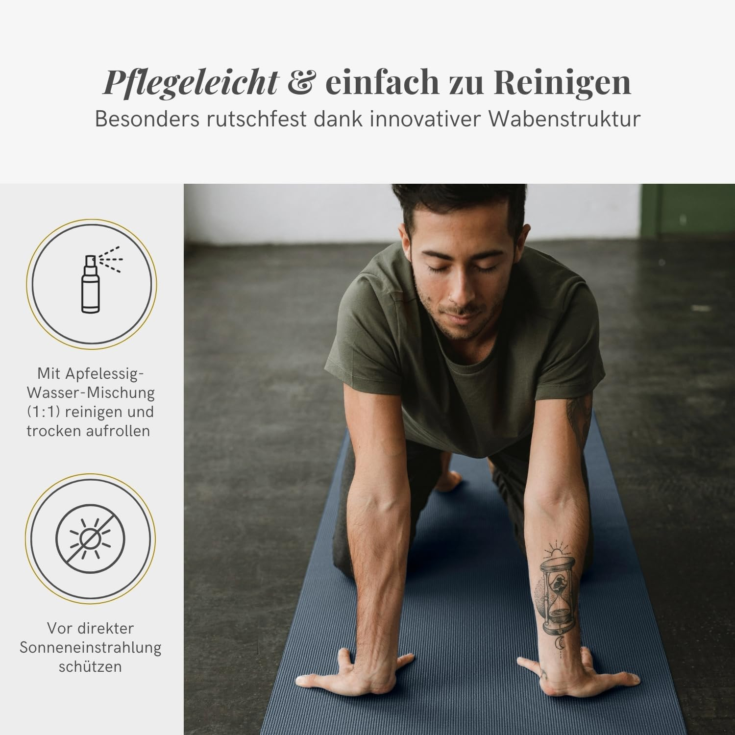 Un uomo si inginocchia su un tappetino da yoga blu facendo stretching. Testo e icone spiegano la pulizia.