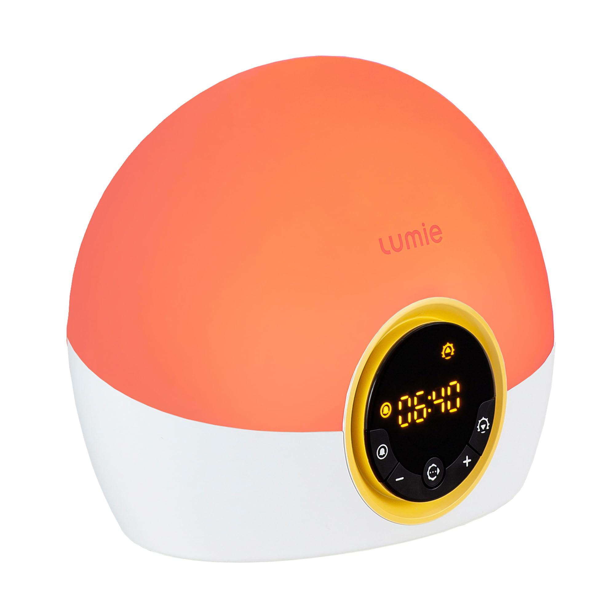 Runder orange-weißer Lumie-Wecker mit digitalem Display und gelbem Rand.