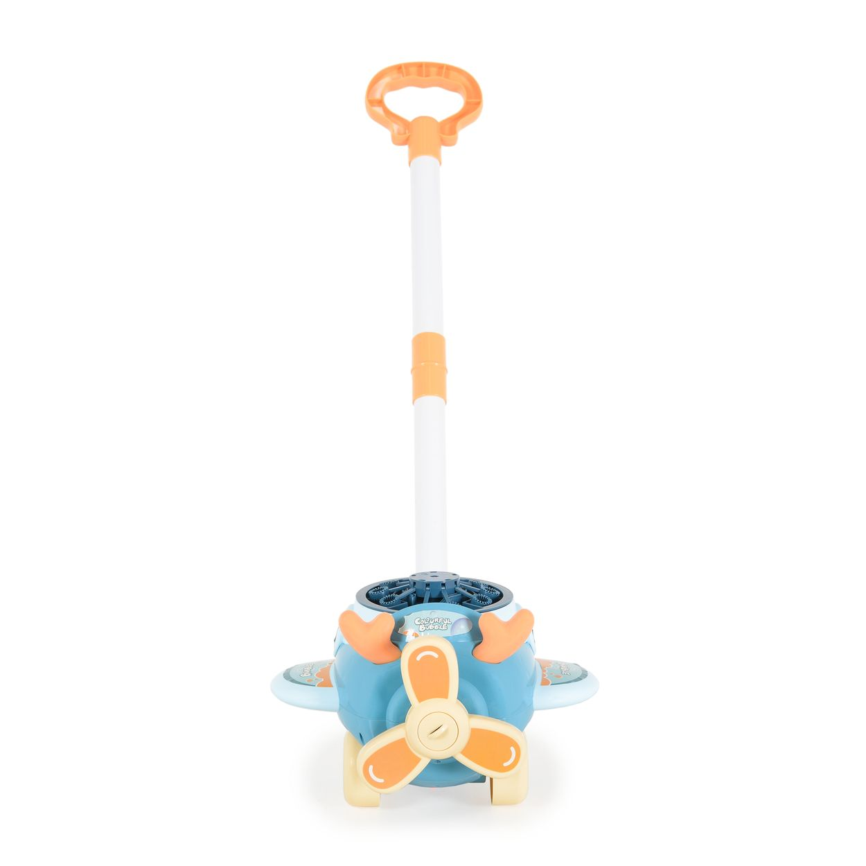 Ein blau-oranges Spielzeugflugzeug mit Schiebestange und Seifenblasenbläser auf weißem Hintergrund.