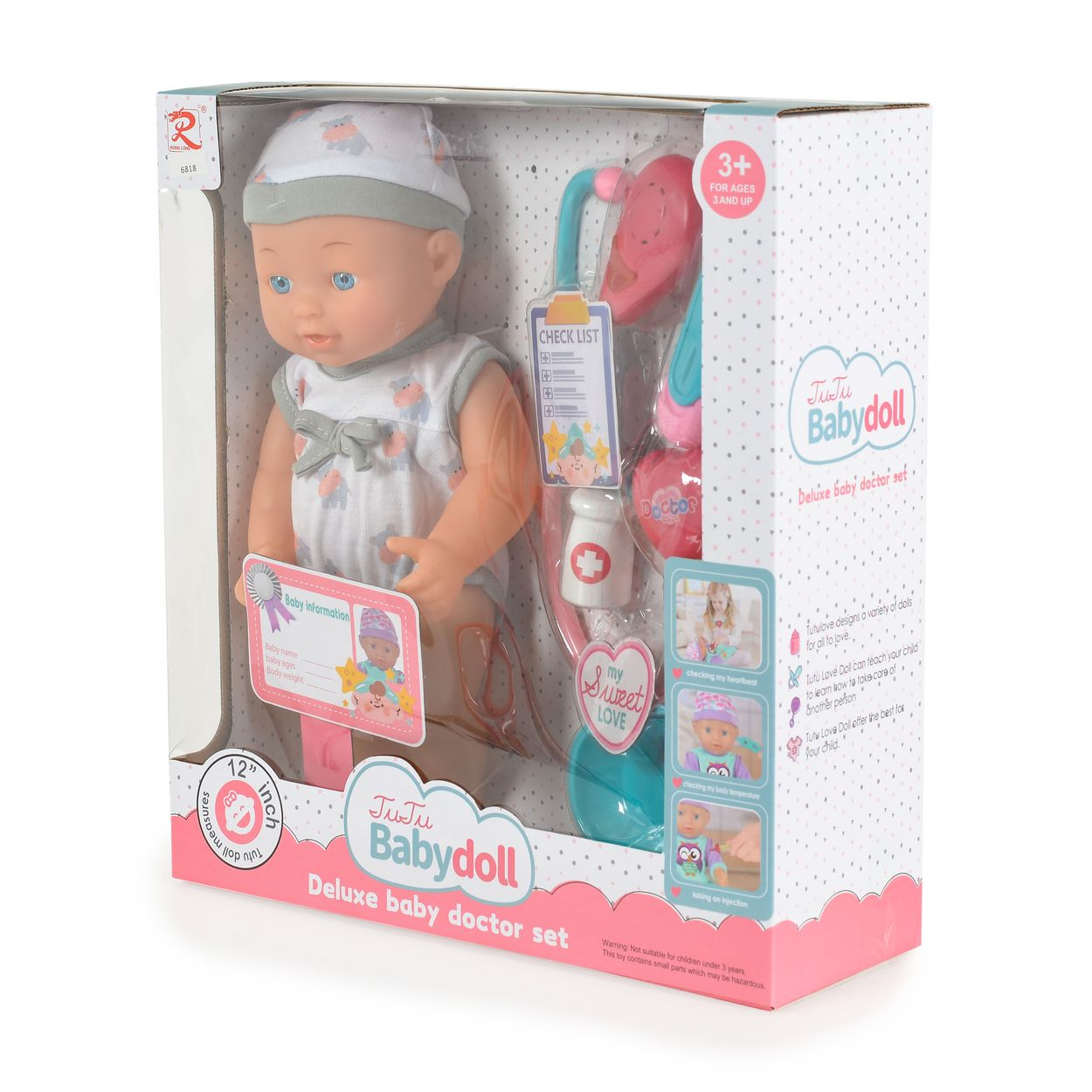 Ein verpacktes TuTu Babydoll Deluxe-Arzteset mit Puppe, Stethoskop und medizinischem Zubehör.