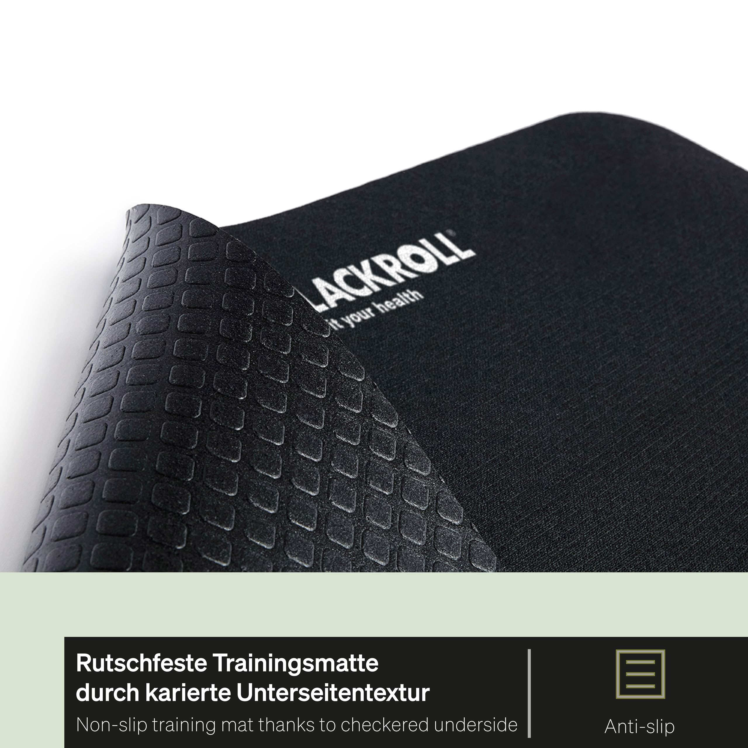 Schwarze Blackroll-Trainingsmatte mit rutschfester karierter Unterseite.